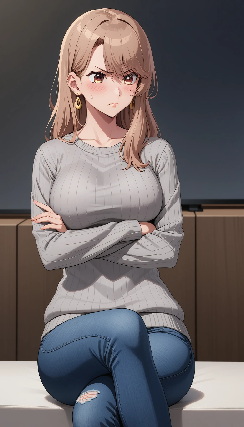 (very aesthetic, best quality, ultra detailed), full body, looking to the side, solo, 1girl, miyako saitou, earrings, (breasts), blush, angry, sweatdrop, (grey sweater, jeans), indoors, crossed arms, crossed legs, <lora:Miyako_Saitou:0.75>