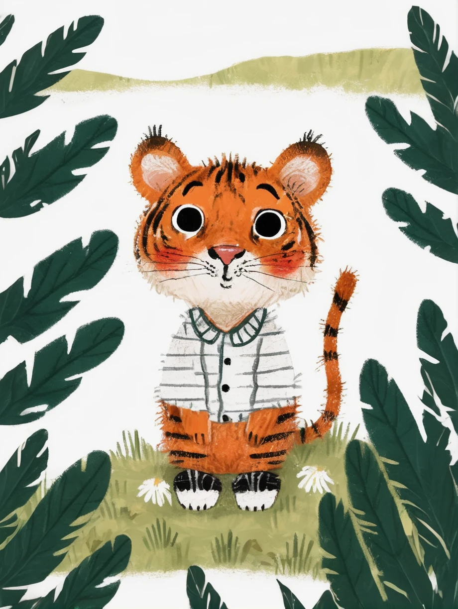 best quality,masterpiece,childpaint,lovely,children's illustration,cute little tiger,white_background,forest,clothes,beautiful_detailed_eyes,eye highlights,,<lora:chil_xl_2v1>