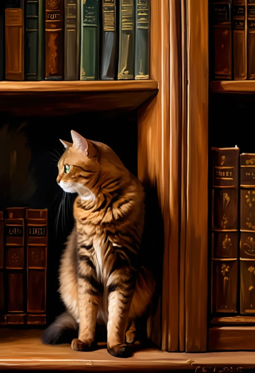 sideview of a  Brown Cat walking across a Victorian library bookshelf, 
 <lora:Brown Cat:1>
 <lora:zavy-cntrst-sdxl:0.75> dark, oil painting art style, rich colors, lush textures, expressive brushwork, blendable layers, dynamic compositions, professional-grade finish, versatile medium, timeless elegance, immersive depth, vibrant hues, intricate detailing, adds depth and dimension