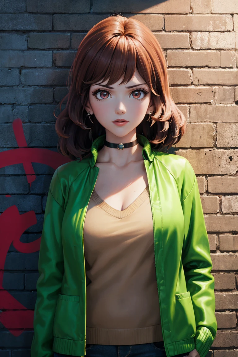 masterpiece, best quality, absurdres, 1girl, solo, FujikoMine, medium hair, earrings, sharp eyes, choker, neon shirt, open jacket, turtleneck sweater, night, against wall, brick wall, graffiti, dim lighting, alley, looking at viewer, <lora:CHAR-FujikoMine:1>