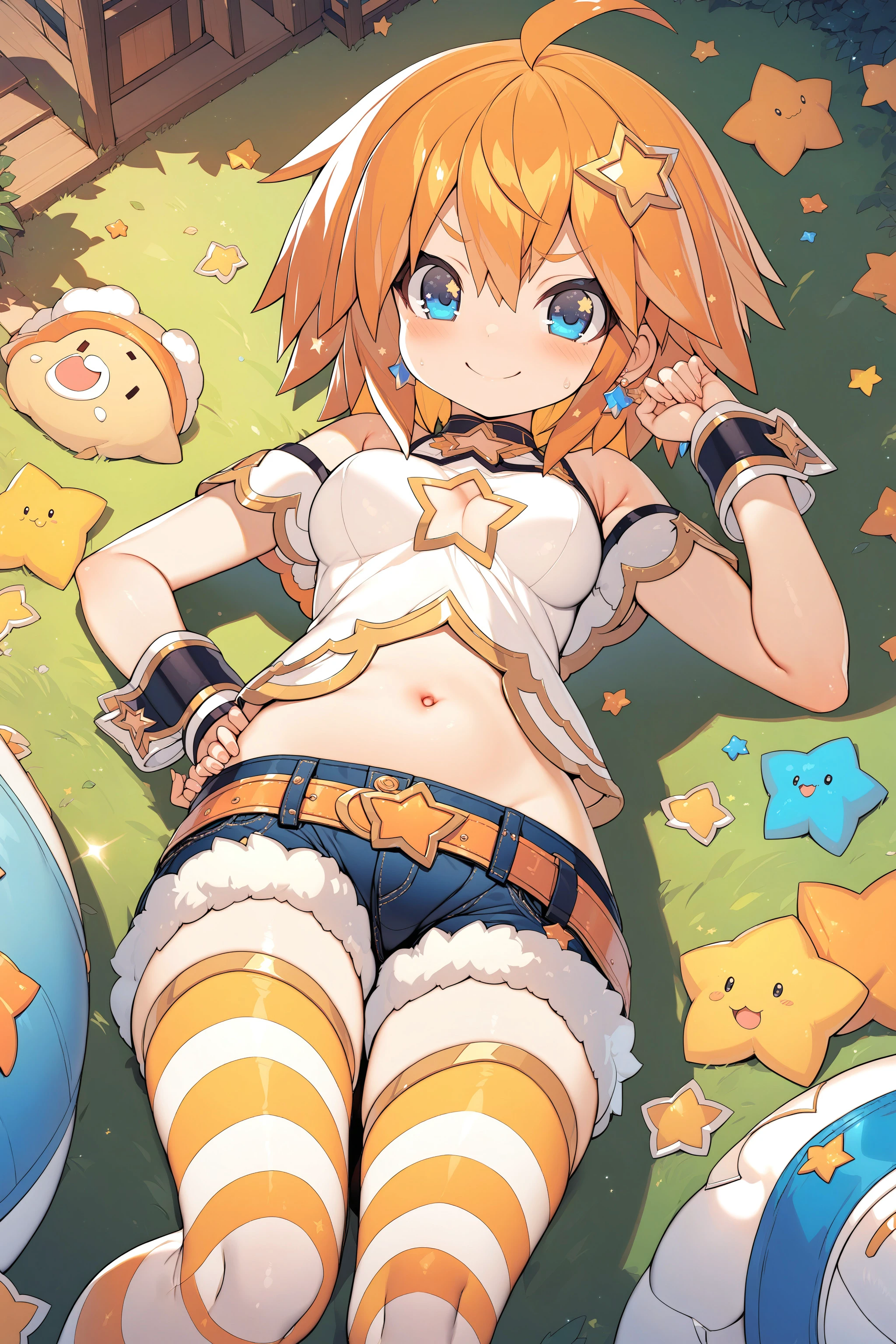 , masterpiece, absurdres, high detail, official art, 8k,
outdoor, from above,
lying, hands on hip, smug face,
xxxx, young girl, tkle, orange hair, short hair, star hair ornament, earrings, white shirt, bare shoulders, star cutout, navel, denim, short shorts, fur-trimmed shorts, belt, wrist cuffs, striped_thighhighs, jewelry, star \(symbol\)
<lora:XL_Animagine_uchihime-twinkle-t1:0.9>