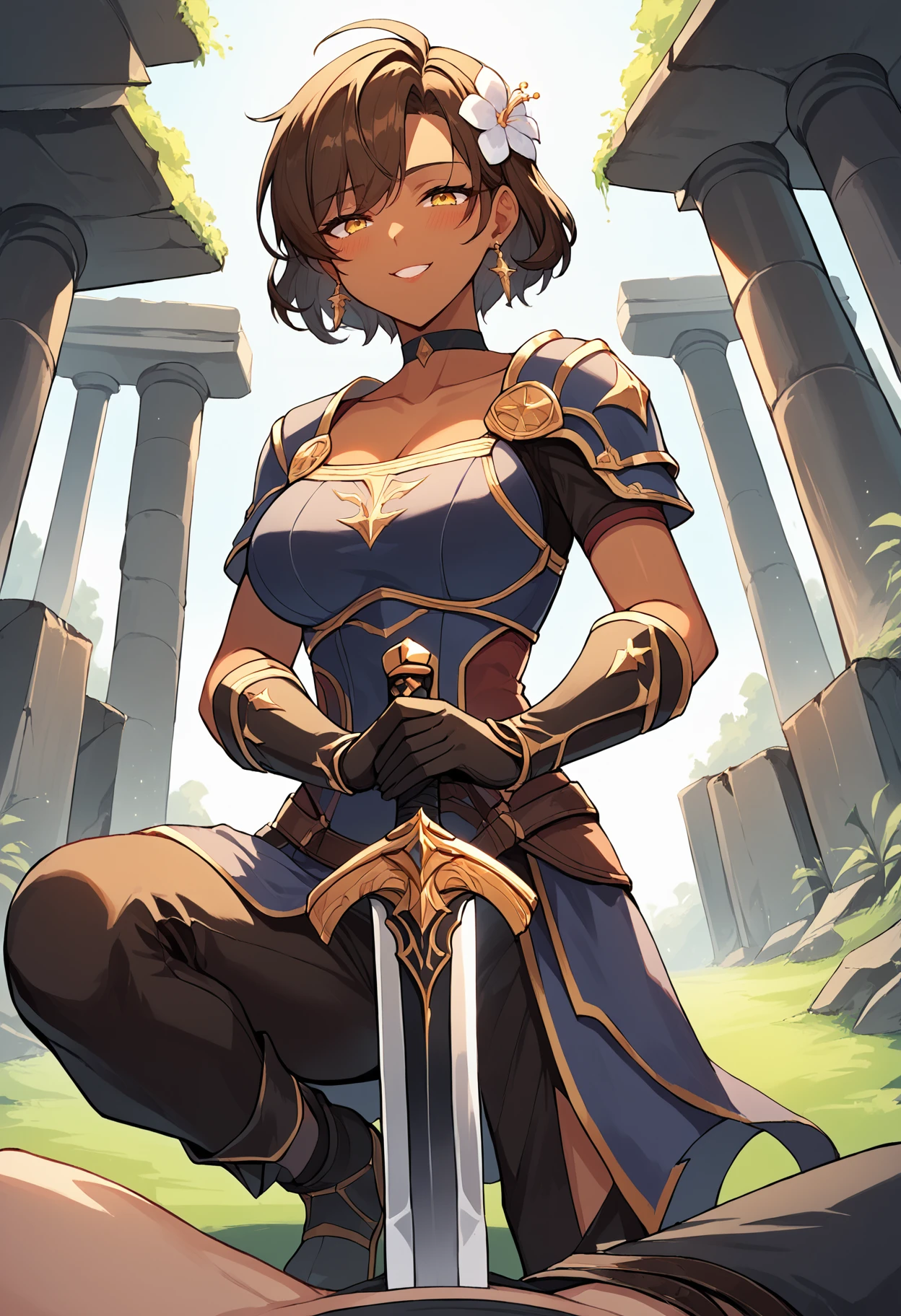 score_9, score_8_up, score_7_up, rating:safe, source_anime, ultra details,masterpiece,4k,best quality, hires,both-hand-hilt, planted sword, hands on hilt,holding sword, mature female,1girl,1boy, dark-skin,dark-skinned female, yellow eyes, cute lips, brown hair, medium hair,sword,hair flower, fantasy,shirt, pants, (gloves:1.1), choker,angle shot, (pov:1.2), blush, naughty face, seductive smile, ruins,forest, (on one knee:1.2), holding sword, torn clothes, armor,pov crotch, defeated, from below
<lora:Anime Style LoRA XL:0.8> <lora:Both hand planted sword (pony) v1:1>