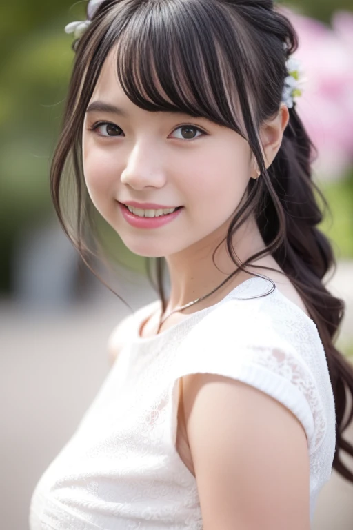 1girl,(RAW photo, best quality), (realistic, photo-realistic:1.4), masterpiece, an extremely delicate and beautiful, extremely detailed, 2k wallpaper, Amazing, finely detail, extremely detailed CG unity 8k wallpaper, ultra-detailed, highres, soft light, beautiful detailed girl, extremely detailed eyes and face, beautiful detailed nose, beautiful detailed eyes,cinematic lighting,perfect anatomy,slender body
wearing a white peplum dress,white skirt,(bokeh:1.2)
at a flower park,sakura flowers,flower garden,
<lora:morishitaranaV2_lora:0.8>,smile