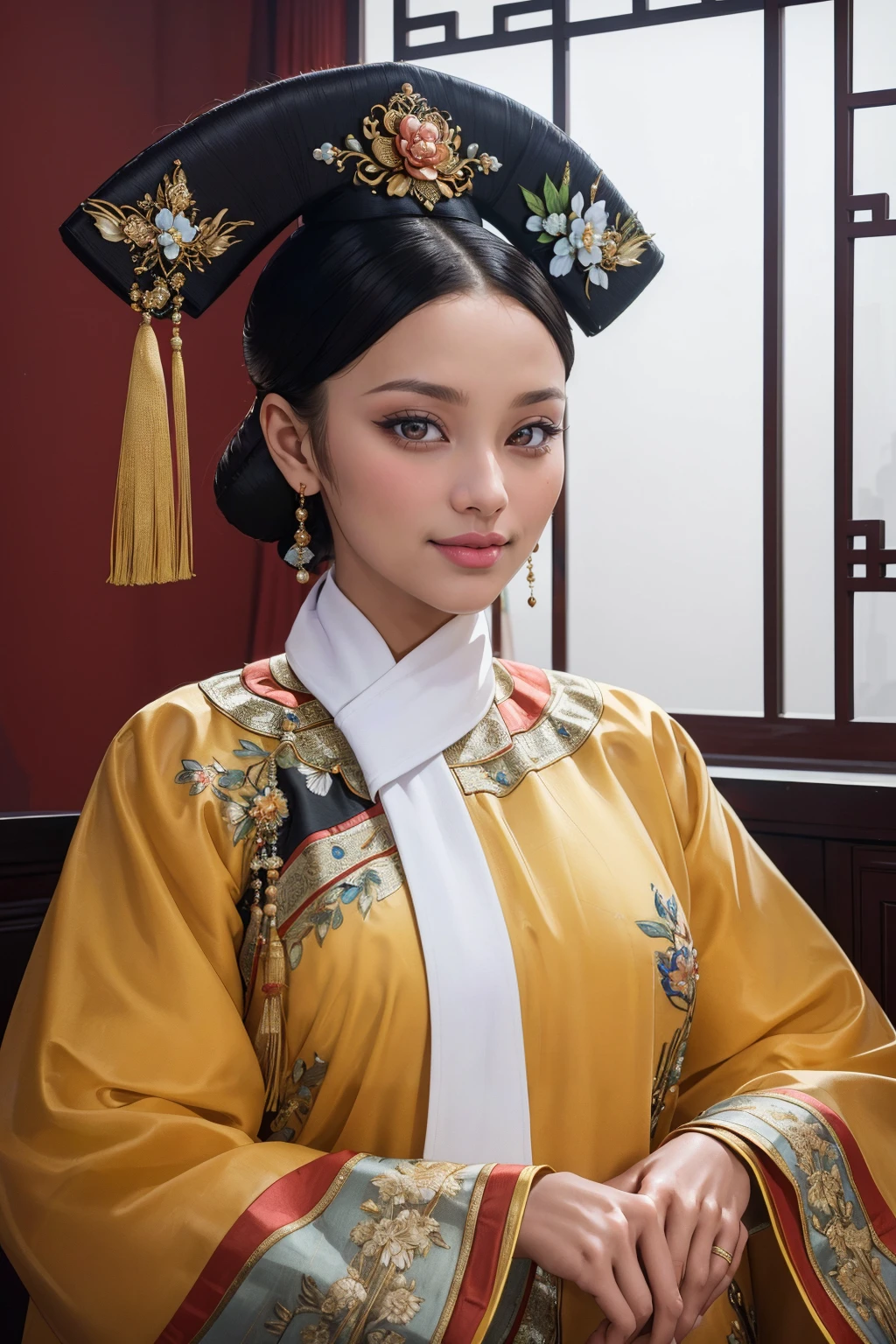 ((Masterpiece, best quality, edgQuality)),smile,
qingchao, a woman in a traditional chinese dress poses for a picture , woman wearing a qingchao_dress, qingchao_haircut, qingchao_scarf
 <lora:edgQingChaoRediscovery:1>