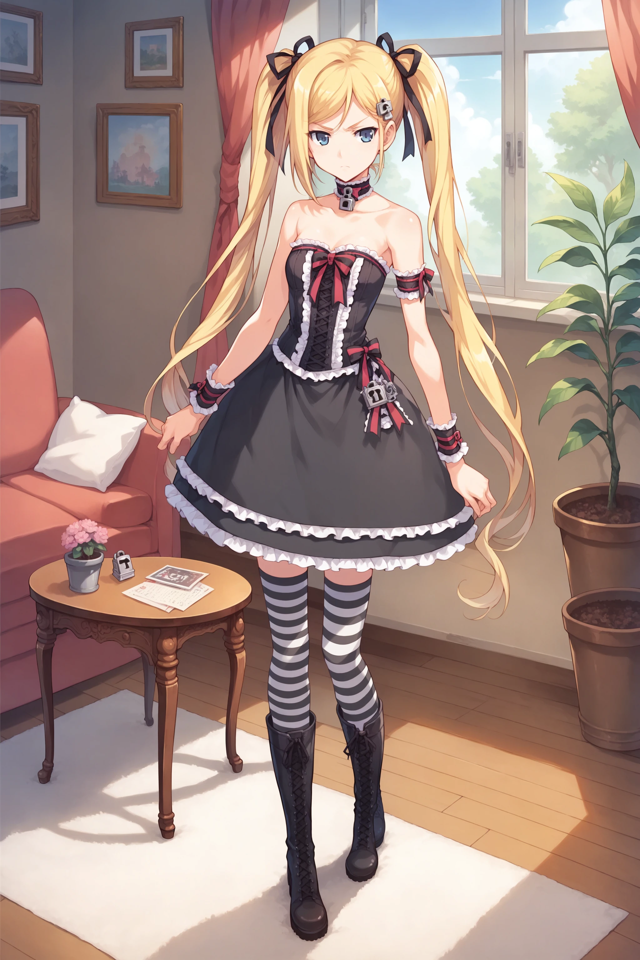 score_max, (score_9, score_8_up, score_7_up:1.2), score_6_up, official_art,
masterpiece, absurdres, high detail, official art, 8k,
living room, table, couch, tree pot, portrait, cowboy shot,
standing, frown,
mafuyu, twintails, long hair, blonde hair, lolita_fashion, bare shoulders, boots, choker, dress, miniskirt, wrist cuffs, ribbon, stlapless, striped thighhighs, cross-laced footwear, lock
<lora:XL_Pony_hentai-mafuyu-t2:0.9>