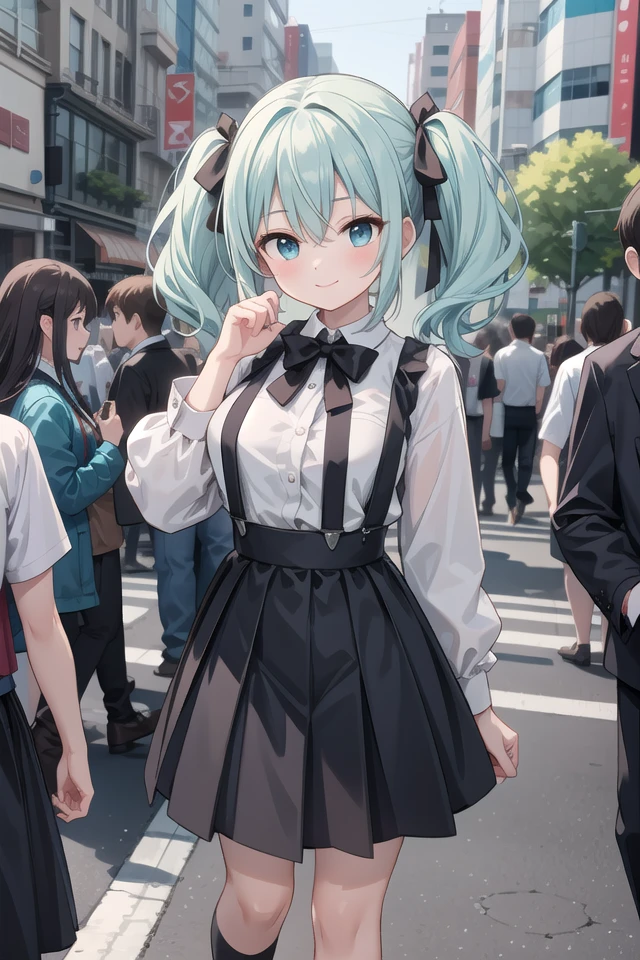 insanely detailed, absurdres, ultra-highres, ultra-detailed, best quality,
1girl, solo, nice hands, perfect hands,
BREAK
braid, shirt, holding, mary janes, socks, black skirt, long hair, white shirt, suspender skirt, white socks, long sleeves,
hair ribbon, suspenders, standing, ruffles, black ribbon, bow , black bow tie, long skirt, black bow, neck ribbon, bowtie,
(bag, hair dress:-1.3)
BREAK
happy smile, laugh, closed mouth, standing,
cute pose, cowboy shot
BREAK
slender, kawaii, perfect symmetrical face, ultra cute girl, ultra cute face, ultra detailed eyes, ultra detailed hair, ultra cute, ultra beautiful,
BREAK
in harajuku, shibuya, tokyo, street, crowd, cityscape,
BREAK
medium large breasts,
(turquoise blue:1.3) (medium hair, black eyes), twintails, hair between eyes