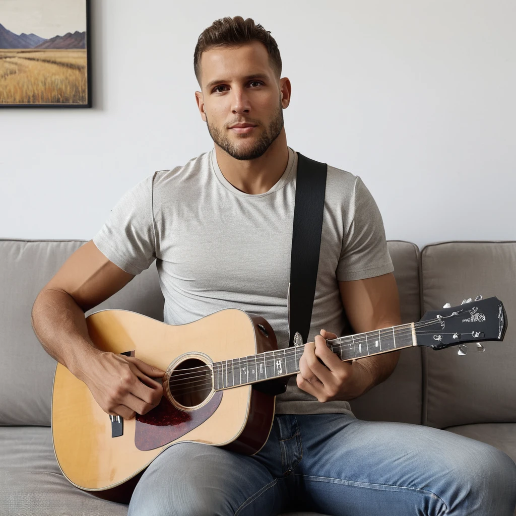 Hyperrealistic art half body photo of a man, high-resolution,wearing a casual outfit, holding a guitary, in a living room, sitting on a couch, looking at viewer,  <lora:Nick_Bosa_SDXL_Amalga_r2:1> . Extremely high-resolution details, photographic, realism pushed to extreme, fine texture, incredibly lifelike