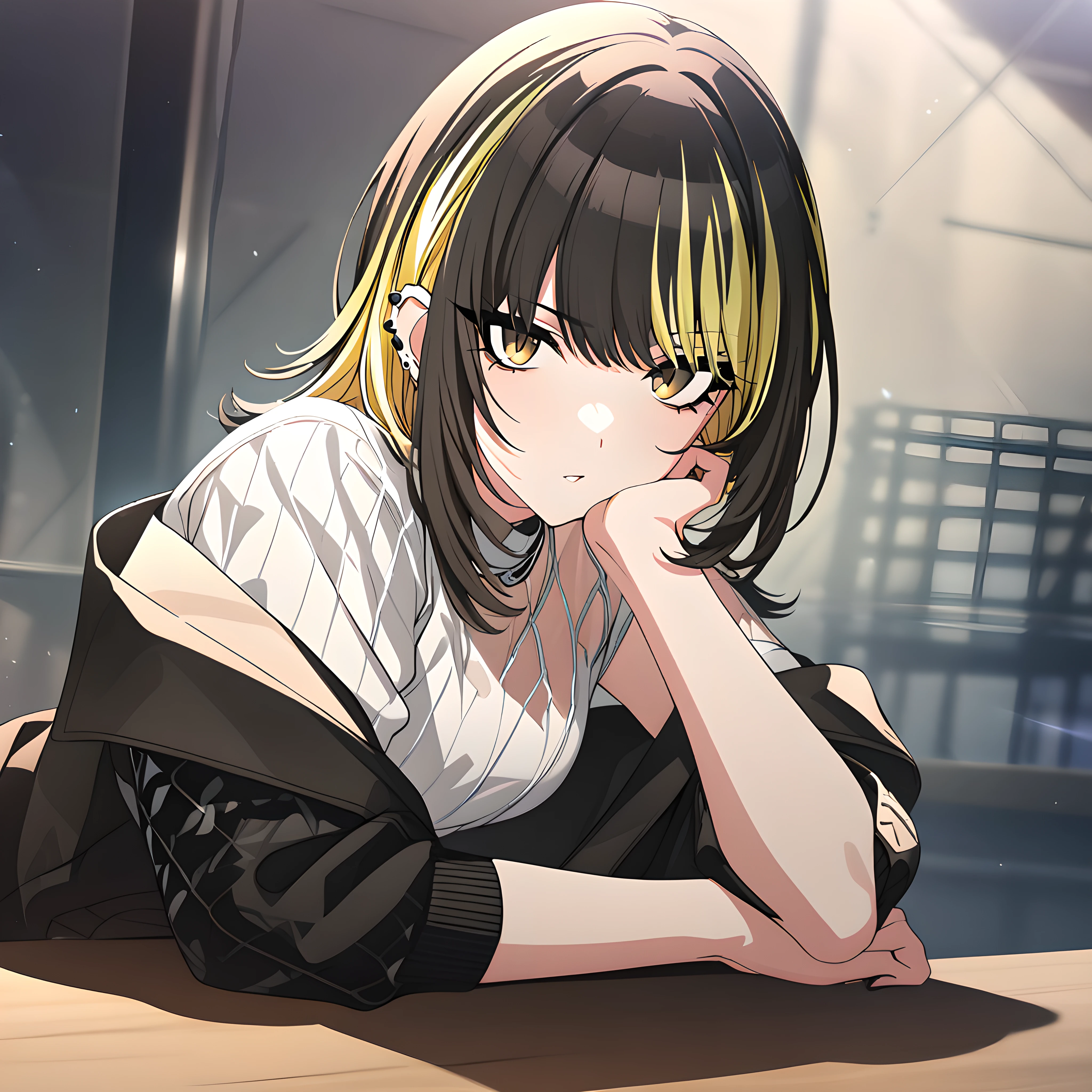 (masterpiece),(best quality),(ultra-detailed),(best illustration),(best shadow),(absurdres),(detailed background),(very aesthetic),luca ikaruga, casualoutfit1, 1girl, solo, blonde hair, piercing, yellow eyes, multicolored hair, looking at viewer, jacket, navel, midriff, head above table,  <lora:Luca_Ikaruga__æé³©ã«ã«_-_The_Idolmster_Shiny_Colors__ã¢ã¤ãã«ãã¹ã¿ã¼_ã·ã£ã¤ãã¼ã«ã©ã¼ãº_SDXL_-_Animagine_XL_3.1:1>