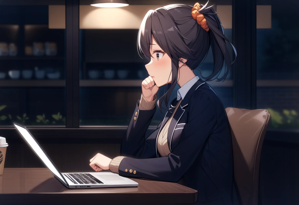 <lora:yuzuri-1.1:1>, 1girl, yuzuri, memories off 8, solo, blazer, cafe shop, profile, sitting, black legwear, laptop on table, window, afterglow, thinking, hair scrunchie, masterpiece, best quality, very aesthetic, absurdres