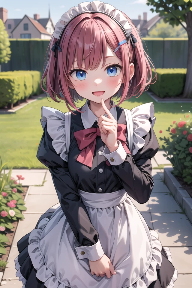 insanely detailed, absurdres, ultra-highres, ultra-detailed, best quality,
1girl, solo, nice hands, perfect hands
BREAK
(cleavage:-1.5),
(traditional maid:1.2),
apron, blush, bow, bowtie, frilled apron, frills, long sleeves, maid, maid apron, maid headdress, waist apron, white apron,
(maid costume, maid hair dress:1.3), long skirt
BREAK
happy smile, laugh, open mouth
BREAK
from above,
standing, cowboy shot, looking at viewer
BREAK
slender, kawaii, perfect symmetrical face, ultra cute girl, ultra cute face, ultra detailed eyes, ultra detailed hair, ultra cute, ultra beautiful
BREAK
fantasy world, garden of a castle, depth of field, ultra detailed background
BREAK
medium large breasts
BREAK
(red hair, blue eyes), very short hair,