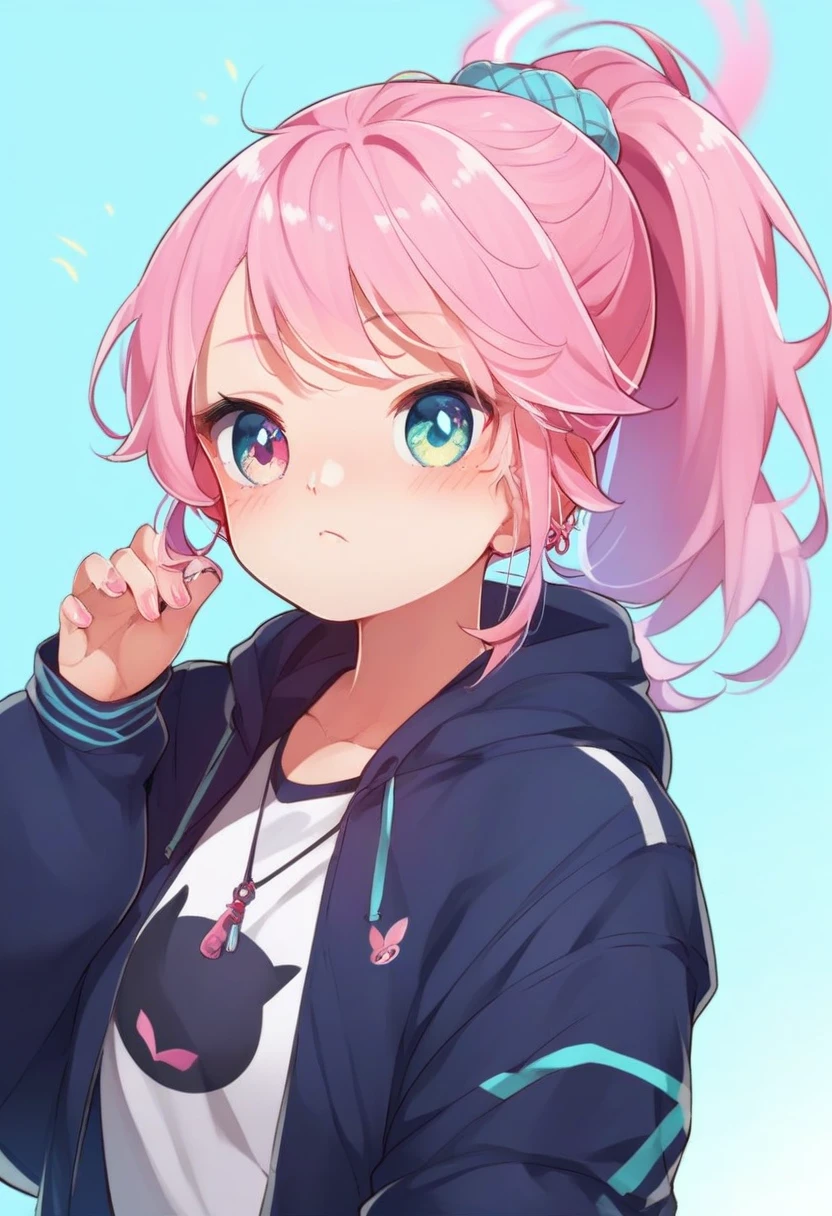 <lora:Konnyaku_Style_for_Pony_Commission:1> konnyaku_style a girl, score_9, score_8_up, score_7_up, score_6_up, score_5_up, score_4_up, hd, (ultra hd quality details), 8K, 1girl, Ponytail, medium boobs, Long-limbed body, multi colored eyes, Pastel pink hair