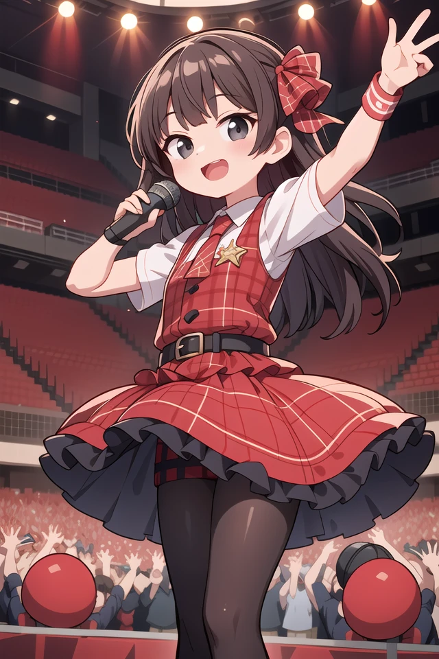 insanely detailed, absurdres, ultra-highres, ultra-detailed, best quality,
1girl, solo, nice hands, perfect hands
BREAK
(Enchant:1.4), (red theme:1.5), ((red plaid pattern, tone on tone):1.4), (idol uniform:1.2), (fusion of sleeveless (red plaid pattern) vest and red sundress:1.4), (red tie:1.4), ((red plaid pattern) multi-layered skirt with ruffles:1.3), ((red:1.3) platform HIGH boots:1.1), (red plaid pattern ribbon on head:1.3)
BREAK
(short sleeve white collared-shirt dress layering:1.2), (black pantyhose:1.2), (belt:1.3), (wristband:1.3), (naked skin:-1), (black vest:-1), (white vest:-1), (black skirt:-1), (white skirt:-1), (cleavage:-1.5)
BREAK
happy smile, laugh, open mouth, (standing, singing, dancing, holding microphone:1.4),
45 angle,
seductive pose, cowboy shot
BREAK
slender, kawaii, perfect symmetrical face, ultra cute girl, ultra cute face, ultra detailed eyes, ultra detailed hair, ultra cute, ultra beautiful
BREAK
indoors, concert hall, idol live, crowded audience
BREAK
medium large breasts,
(black hair, black eyes), hime cut