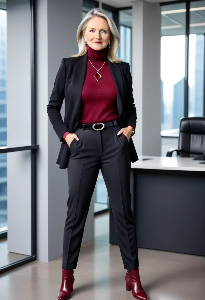 Ellie, alone, 50-year-old woman, slightly-side-parting voluminous tucked-behind-shoulders straight long haircut, fair-skinned, grey-blonde hair, blue eyes, wearing red turtleneck top under black blazer, black smart pants, garnet rhombus pendant necklace, garnet rhombus drop earrings, red leather high-heeled ankle boots, , slim body, smiling facial expression, standing slightly-side-on, both hands grabbing belt buckle, , facing camera, in futuristic office, full body photo, hyperdetailed photography