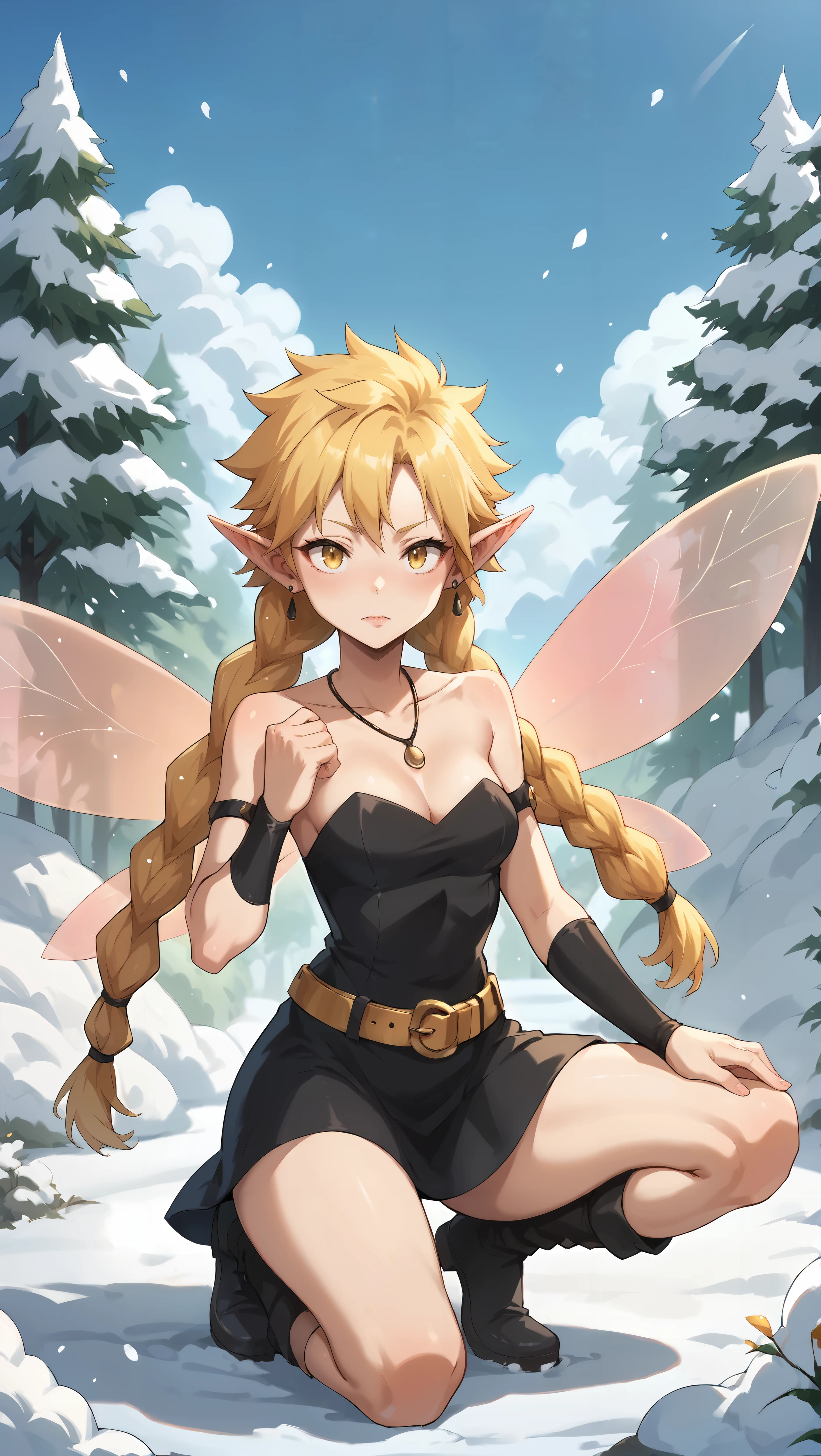 score_9,score_8_up,score_7_up,score_6_up, source_anime, zPDXL, girl, fairy, blonde hair, twin braids, yellow eyes, black dress, pink wings, gold belt, black armguards, armlets, black earrings, strapless, necklace, short dress, <lora:Wakfu_CartoonV02:0.5>, <lora:xl_more_art-full_v1:0.5>, <lora:Ramiris - Pony-000004:0.8>, on one knee, winter, snow, snowing, outdoors, snow covered trees,