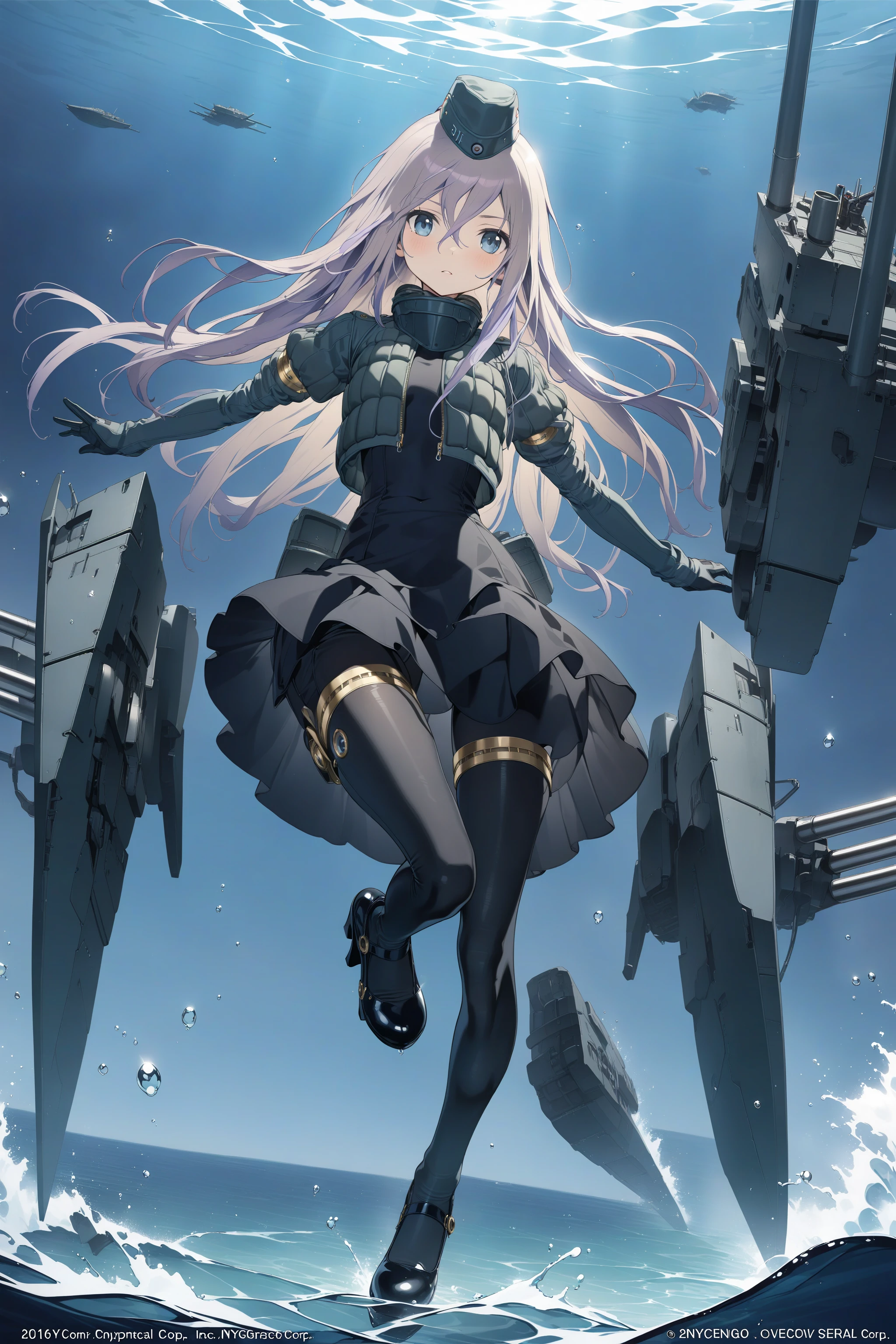 score_max, (score_9, score_8_up, score_7_up:1.2), score_6_up, official_art,
masterpiece, absurdres, high detail, official art, 8k,
in the water, deep sea,
floating, expressionless, frown, parted lips, machinery, rigging,
u-511 \(pump\), long hair, military uniform, garrison cap, cropped jacket, puffy sleeves, long sleeves, gloves, black dress, black pantyhose, heels,
<lora:XL_Pony_kancolle-u511(pump)-t2-000030:0.9>