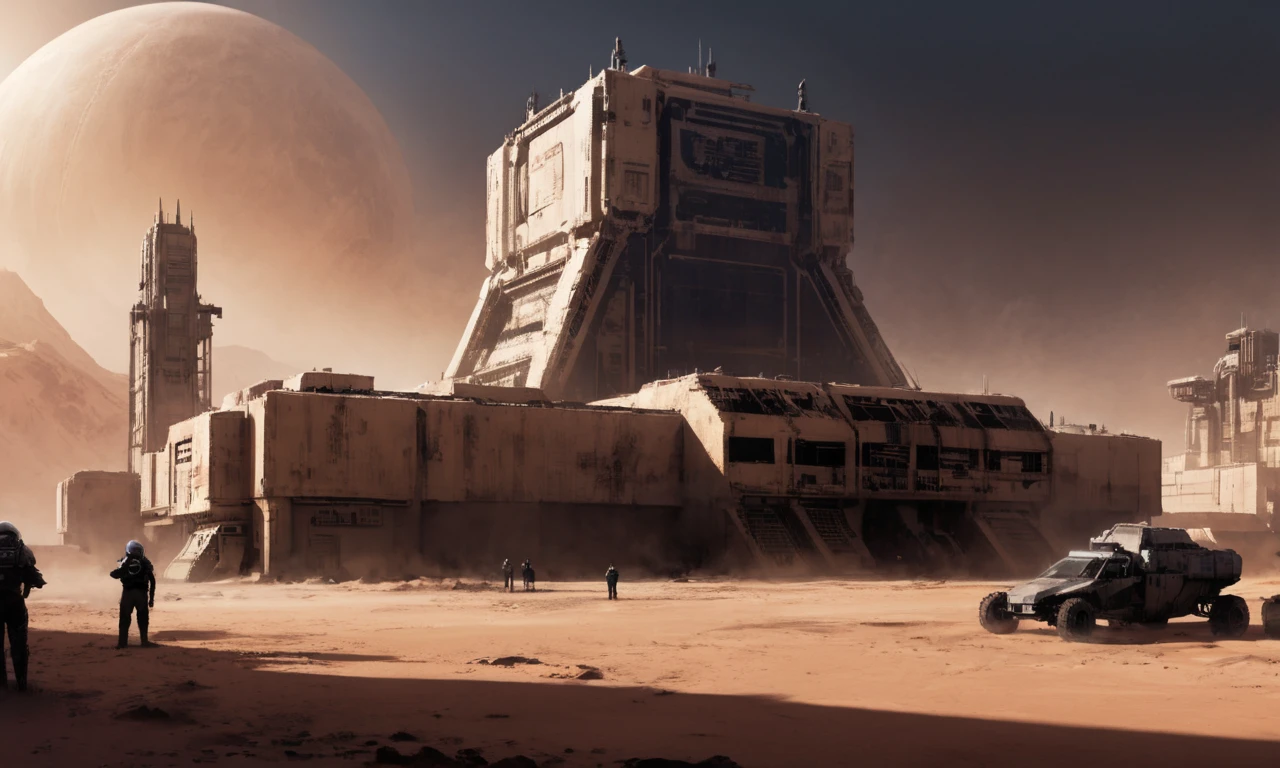 a human colony on a desert planet, squat industrial structures, walled compound, atmospheric, cinematic concept art, futuristic science fiction, horror movie, alienrpg cover art  <lora:alienrpg:1>