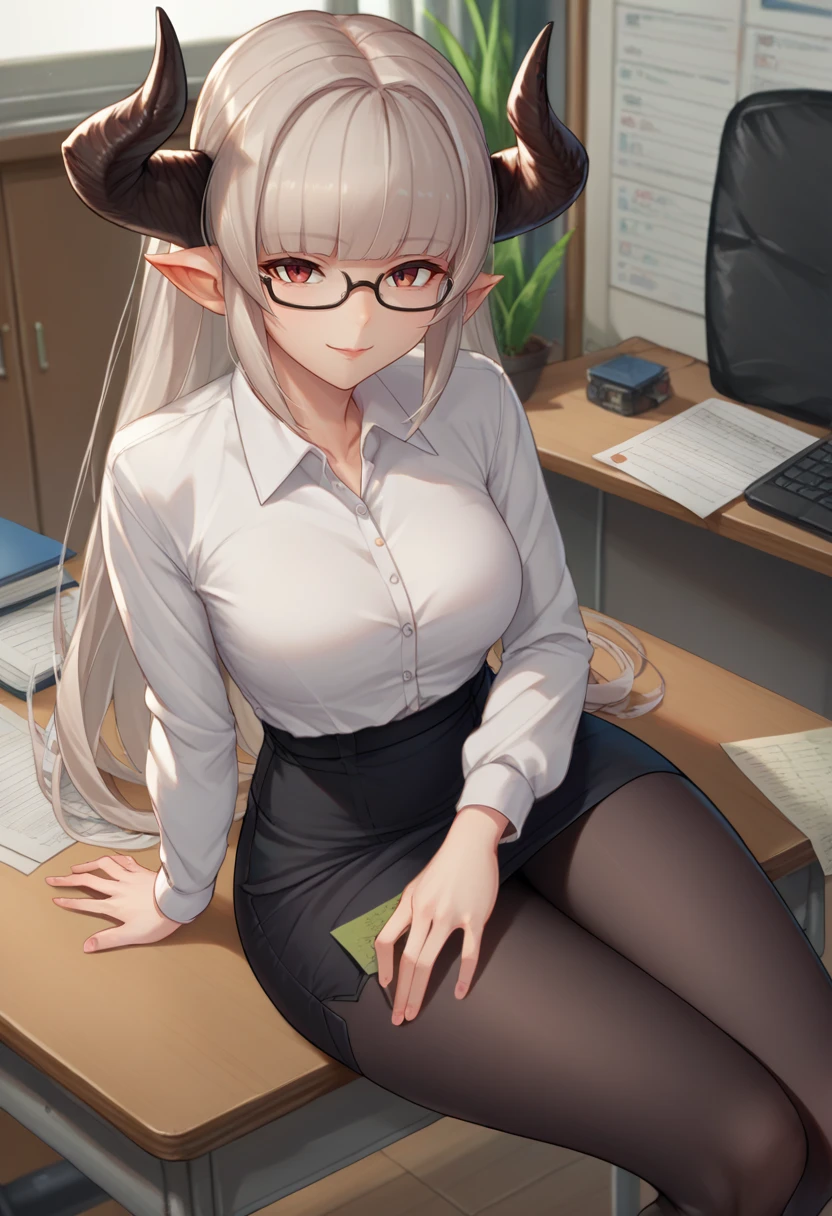 score_9, score_8_up, score_7_up, source_anime, solo, 1girl, gbfalicia, seductive smile, looking at viewer, sitting on desk, grey hair, pointy ears, horns, glasses, white shirt, collared shirt, long sleeves, black skirt, pencil skirt, black pantyhose, indoors, office <lora:gbf_alicia_ponyXL-000010:1>