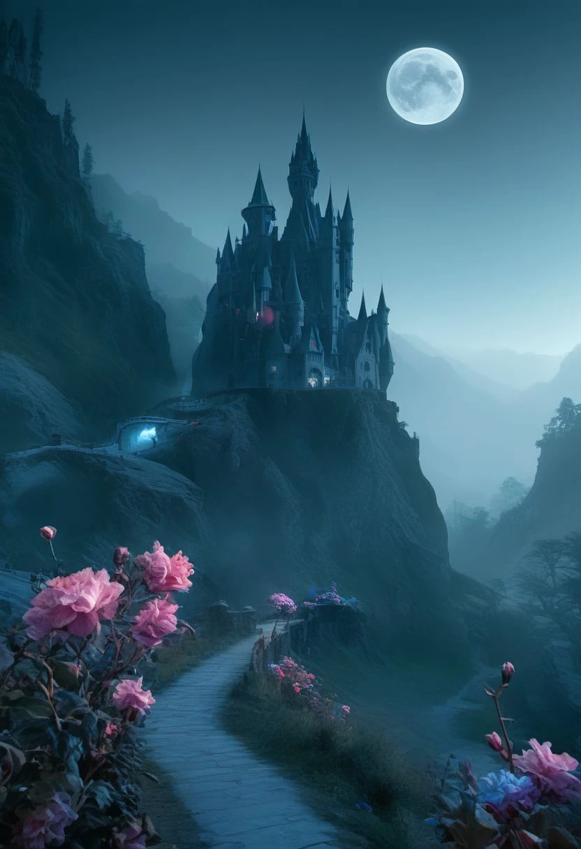 Ultra hyper realistic HDR professional photography Gothic Landscape, mountains, curvy castle in the background, silhouetted cryptids with glowing eyes in the background, moon, glowing portal, midnight, darkness, a lonely road, scattered glowing colorful flowers,  horror, creepy, blue tones soft cinematic lights, highly detailed, sharp focus,  high contrast, saturated, digital painting, concept art, illustration, trending on artstation, dynamic lighting, by emylie boivin and rossdraws and karol bak and phil hale and ashley wood and, Magic realism painting art style, surreal compositions, vibrant colors, blurs the line between reality and fantasy