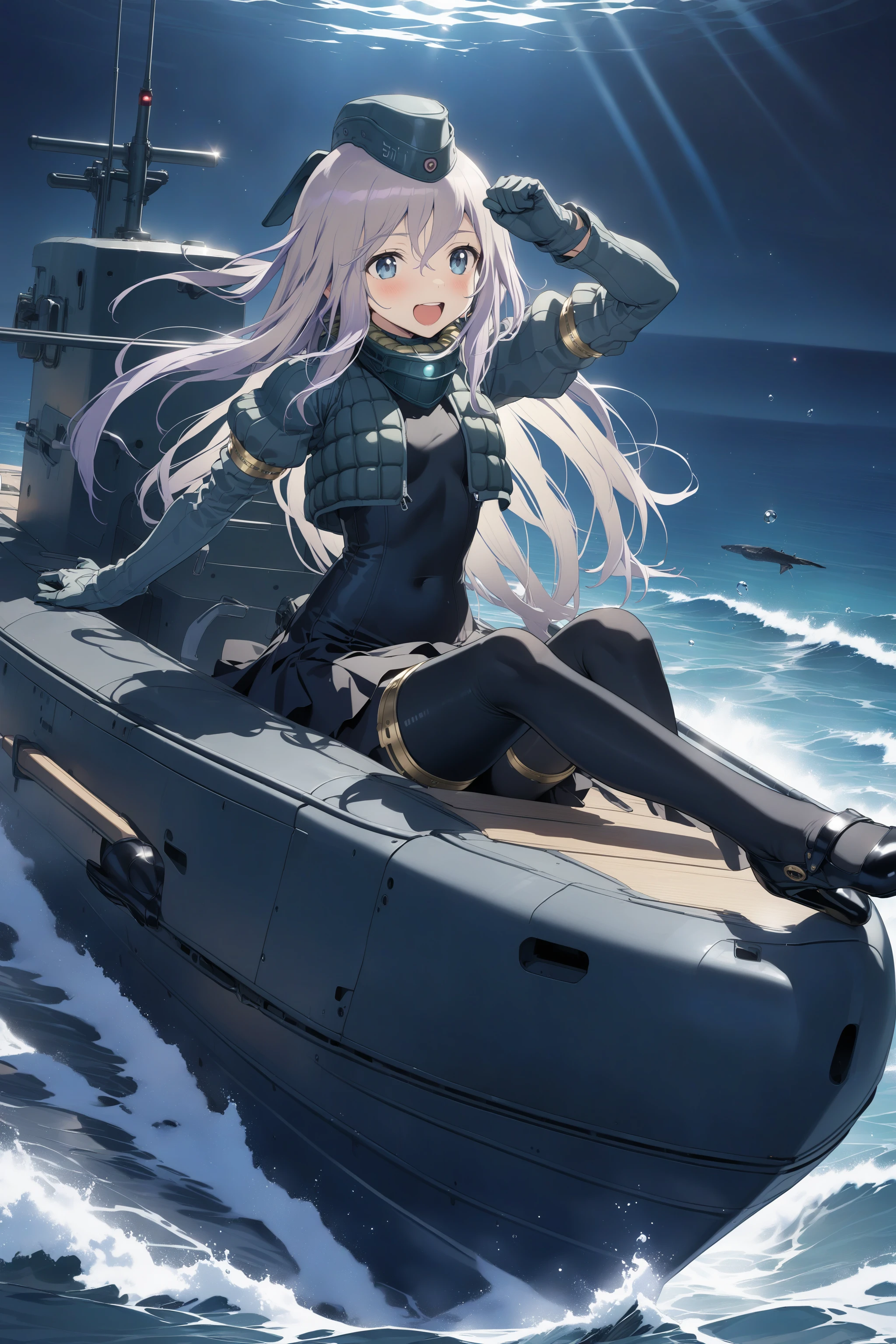 masterpiece, absurdres, high detail, official art, 8k,
in the water, deep sea,
riding submarine, u-511 \(fleet\), arm up, clenched hand, laughing,
u-511 \(pump\), long hair, military uniform, garrison cap, cropped jacket, puffy sleeves, long sleeves, gloves, black dress, black pantyhose, heels,
<lora:XL_Animagine_kancolle-u511(pump)-t1:0.9>