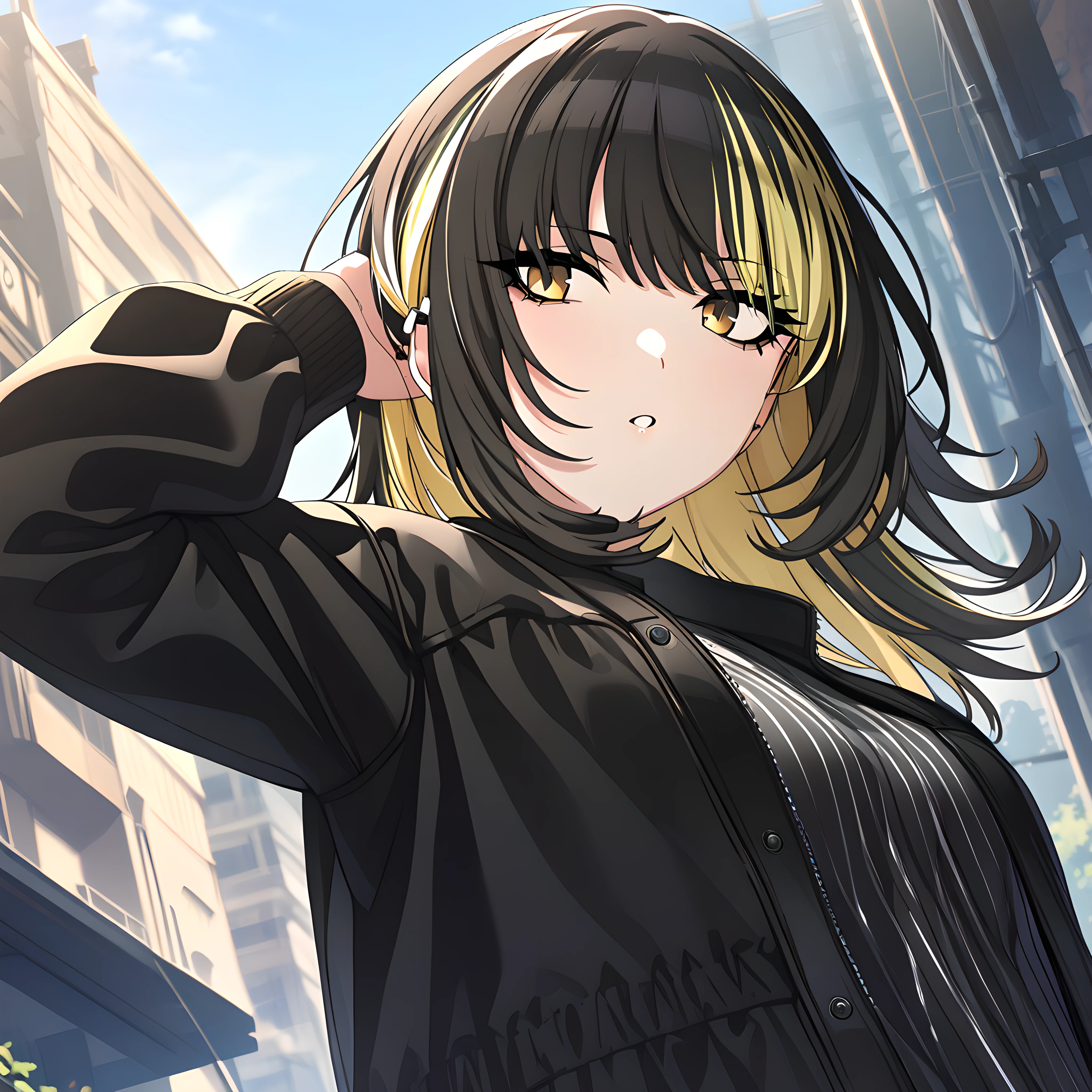 (masterpiece),(best quality),(ultra-detailed),(best illustration),(best shadow),(absurdres),(detailed background),(very aesthetic),luca ikaruga, casualoutfit1, 1girl, black hair, solo, jacket, blonde hair, multicolored hair, outdoors, yellow eyes, black jacket, sky, looking above, <lora:Luca_Ikaruga__æé³©ã«ã«_-_The_Idolmster_Shiny_Colors__ã¢ã¤ãã«ãã¹ã¿ã¼_ã·ã£ã¤ãã¼ã«ã©ã¼ãº_SDXL_-_Animagine_XL_3.1:1>