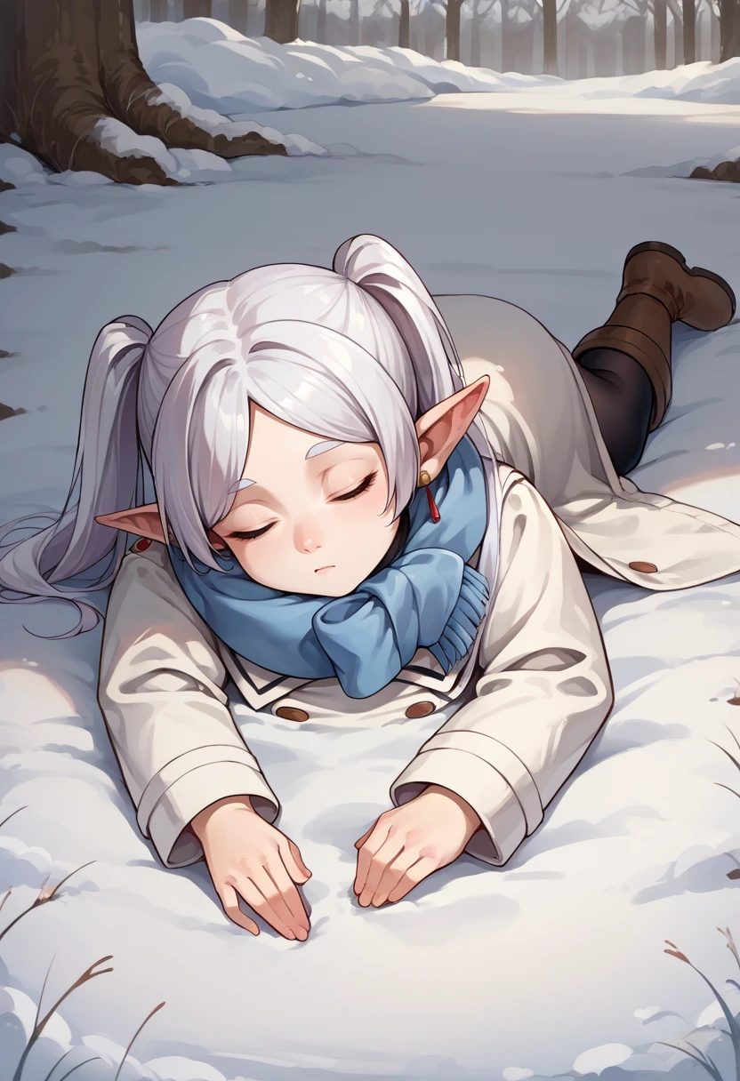 score_9, score_8_up, source_anime, 1girl, solo, FrierenWinter, white hair, long hair, twintails, earrings, blue scarf, white coat, black pantyhose, brown boots, outdoors, snow, face down, lying, on ground, on stomach, eyes closed, sleeping, <lora:ChamFrierenPonyXLCame-000008:1>