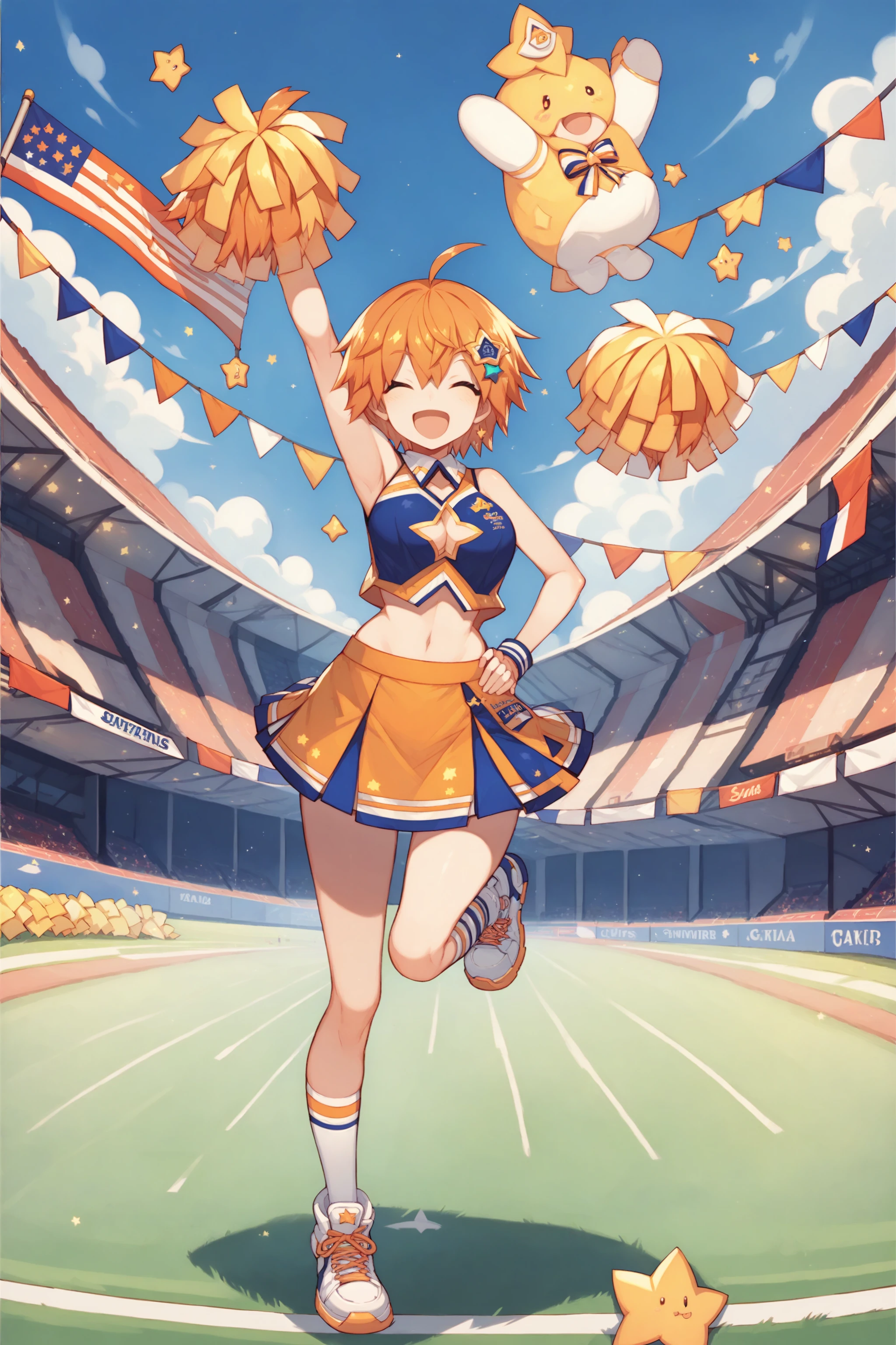 score_max, (score_9, score_8_up, score_7_up:1.2), score_6_up, official_art,
, masterpiece, absurdres, high detail, official art, 8k,
track yard, field, sky, string of flags, nation flag,
standing on one leg, hand on hip, arm up, cheers, star \(symbol\), smile, laughing,
young girl, tkle, orange hair, short hair, star hair ornament, cheerleader, star cutout, multicolored clothes, pom pom \(cheerleading\),
<lora:XL_Pony_uchihime-twinkle-t1:1>