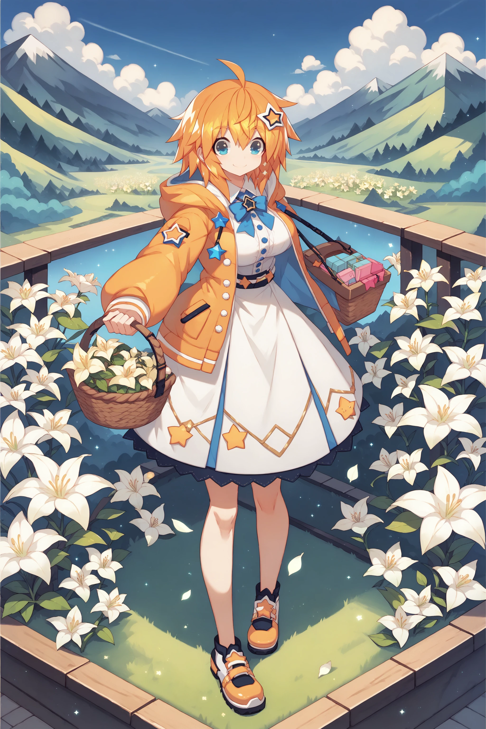 score_max, (score_9, score_8_up, score_7_up:1.2), score_6_up, official_art,
, masterpiece, absurdres, high detail, official art, 8k,
highland, mountain, sky, flower garden, lily \(flower\), wind, full body,
standing, holding lunchbox, basket,  smile,
, tkle, orange hair, medium hair, star hair ornament, hooded jacket, white dress shirt,
<lora:XL_Pony_uchihime-twinkle-t1:1>