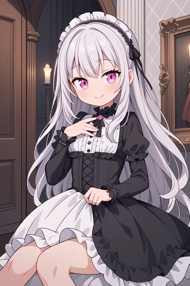 ((masterpiece:1.4, best quality)), ((masterpiece, best quality)),
one girl, cute girl, silver hair, long hair, pink eyes, smile, black gothic dress, white frill, hair dress,
indoors, castle, gothic, cute pose