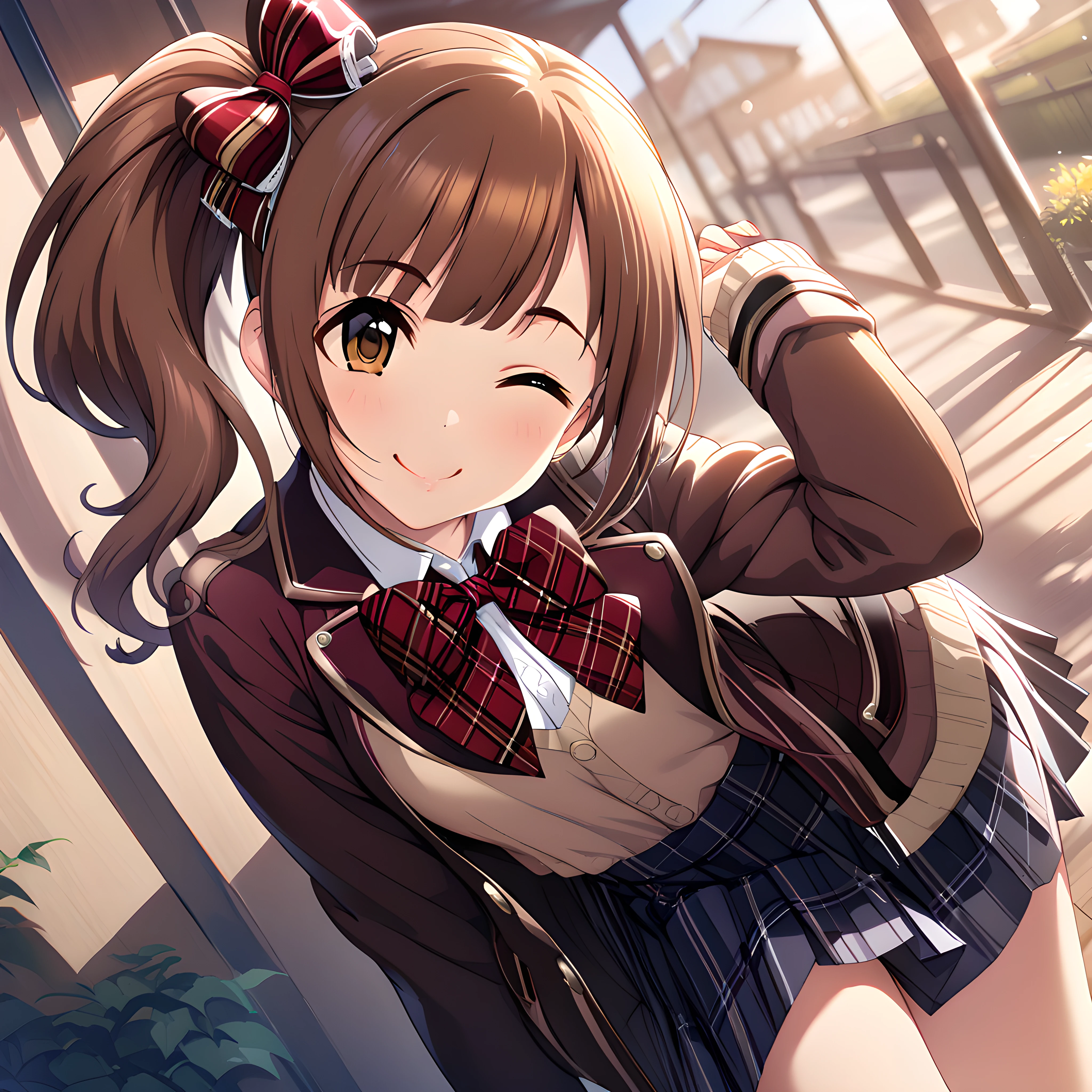 (masterpiece),(best quality),(ultra-detailed),(best illustration),(best shadow),(absurdres),(detailed background),(very aesthetic)kyoko igarashi, schooluni, one eye closed, solo, 1girl, skirt, side ponytail, brown hair, smile, school uniform, bow, jacket, brown eyes <lora:Kyoko_Igarashi__äºååµé¿å­_-_The_Idolmster_Cinderella_Girls__ã¢ã¤ãã«ãã¹ã¿ã¼ã·ã³ãã¬ã©ã¬ã¼ã«ãº_SDXL_Animagine_XL_3.1:1>