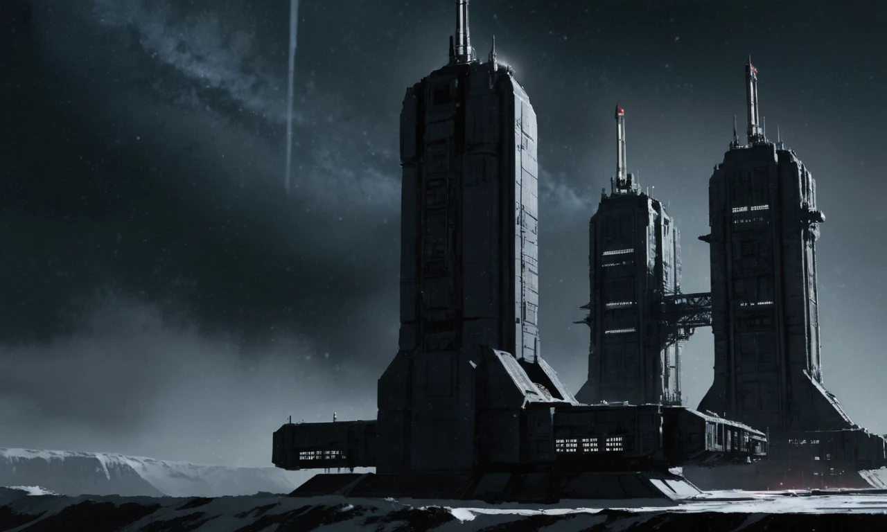 multi-segmented space station with two towers in space, bright star in distant background, atmospheric, cinematic concept art, futuristic science fiction, horror movie, alienrpg cover art  <lora:alienrpg:1>