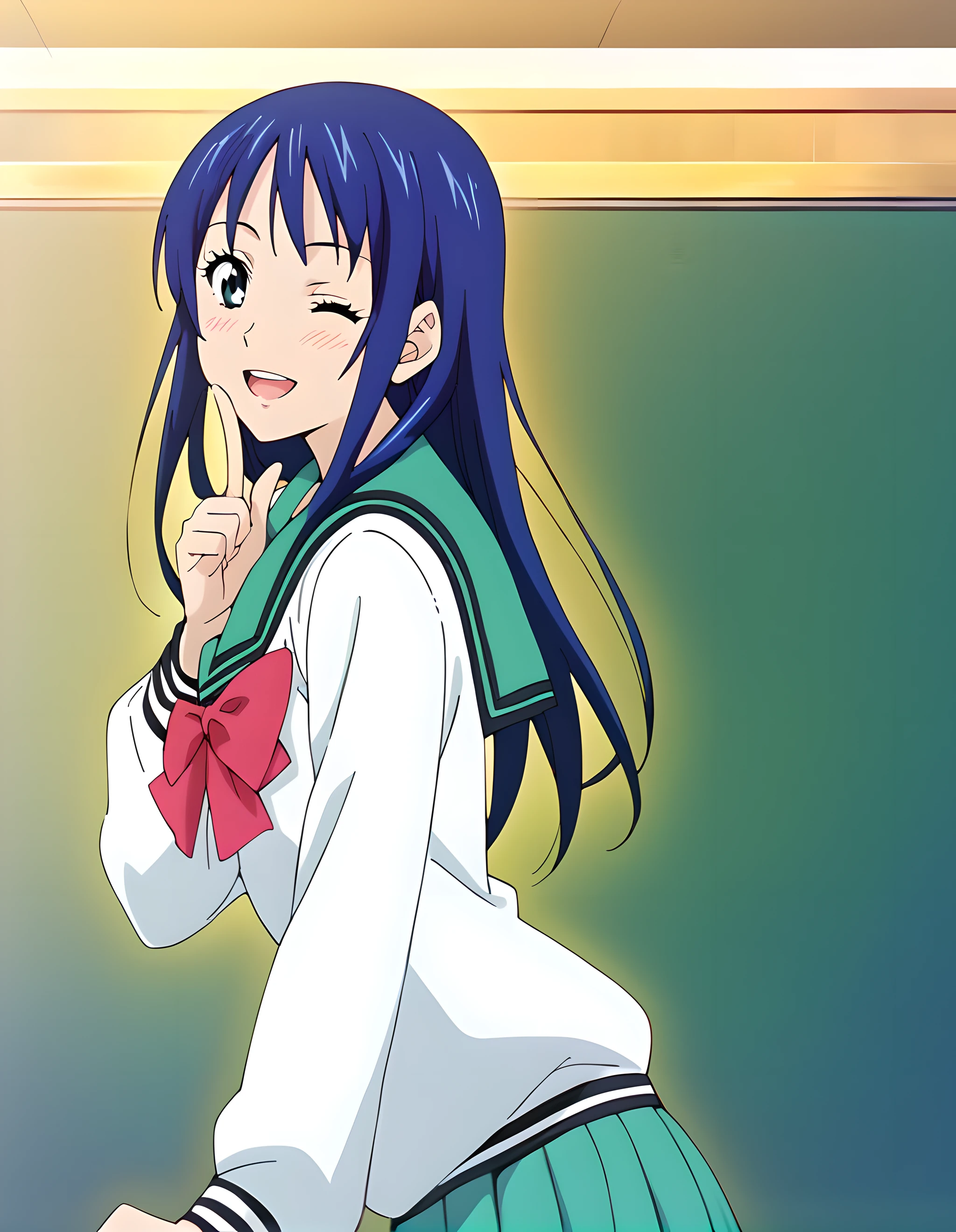 <lora:pony_xl_teruhashi:0.8>,teruhashi,score_9,score_8_up,score_7_up,source_anime,1girl,solo,blush,smile,open mouth,skirt,school uniform,one eye closed,serafuku,looking back,;d,classroom,