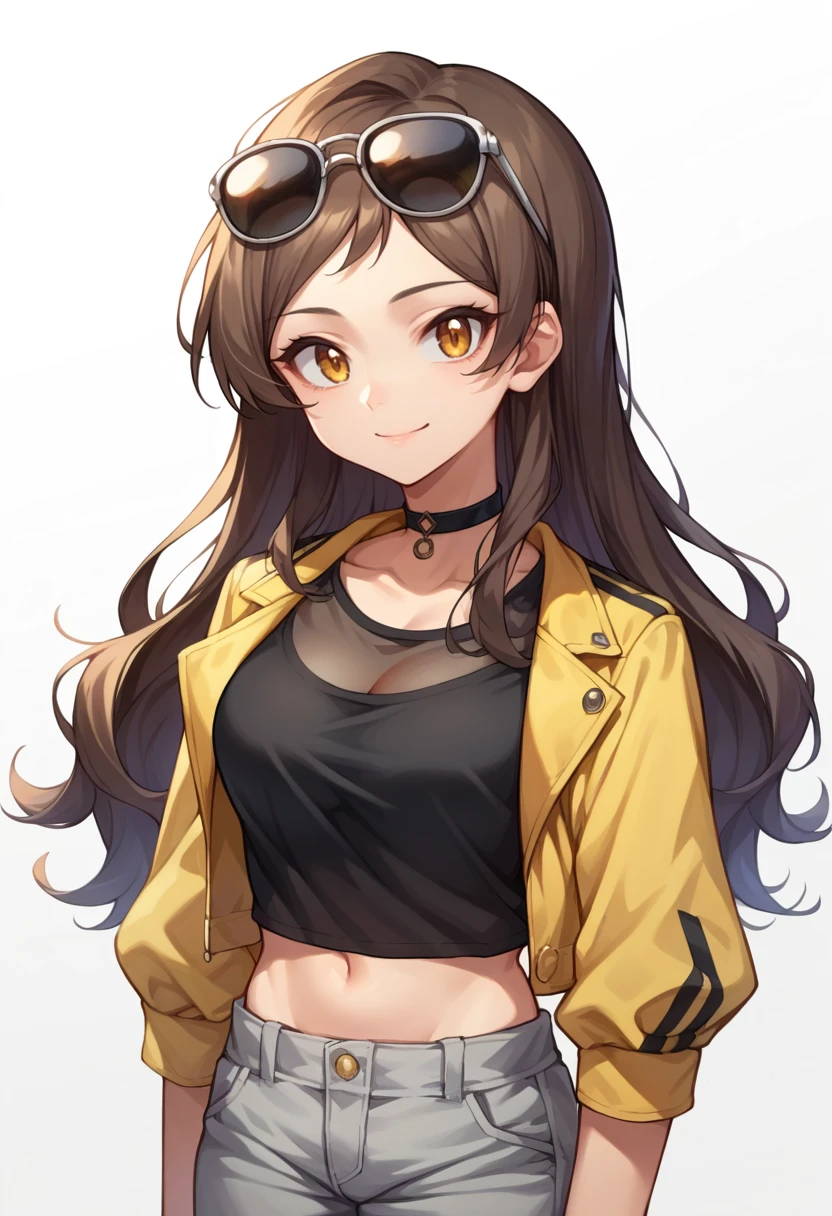 score_9, score_8_up, source_anime, 1girl, solo, KitazawaShiho, long hair, black shirt, upper body, eyewear on head, sunglasses, grey pants, midriff, see-through cleavage, yellow jacket, black choker, smile, simple background, white background, <lora:ChamKitazawaShihoPonyXL-000007:1>