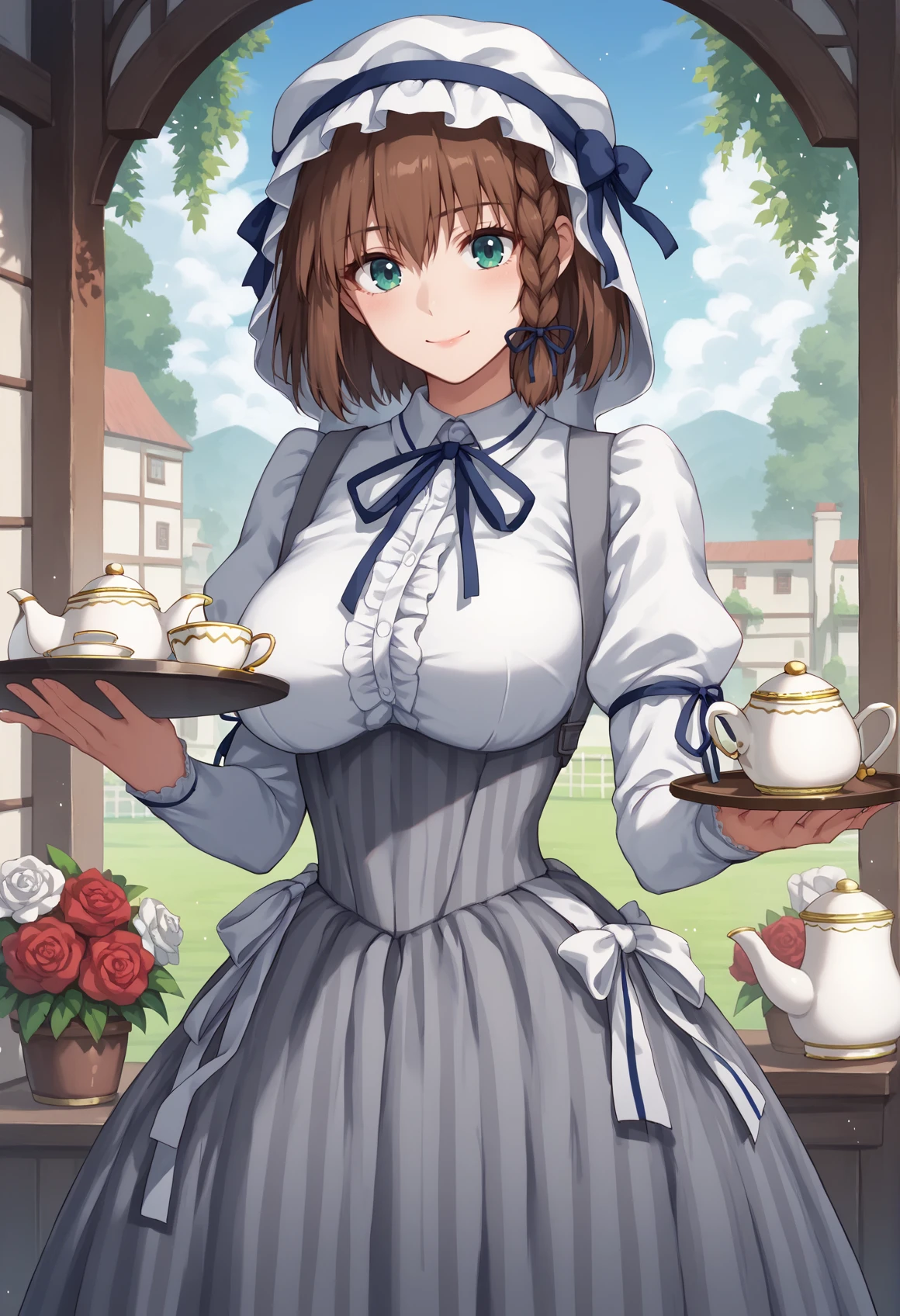 1girl, short hair, brown hair, braid, green eyes, bonnet, white shirt, long sleeves, ribbon, red flower, white flower, grey skirt, corset, big breasts, suspenders, Vertical-Striped Clothes, white ribbon, smile, holding tray, teacup, teapot, outdoor, garden <lora:charlotte_corday:1>, score_9, score_8_up, score_7_up, score_6_up, score_5_up, score_4_up, BREAK source_anime, masterpiece