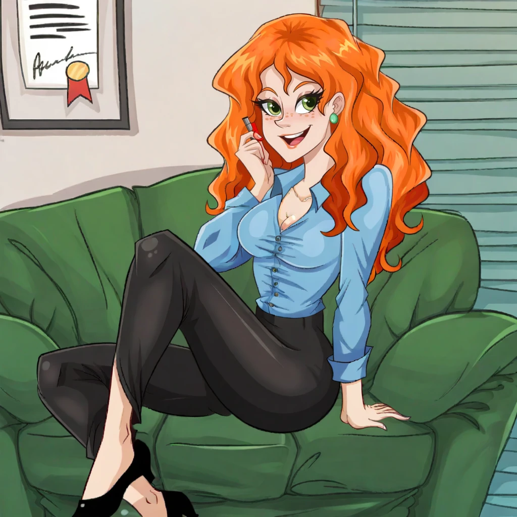 score_9, solo, office, couch, <lora:Fakelay_XL:1> fakelay, 
(freclyfl:1.4), orange hair, green eyes, freckles, long hair, wavy hair