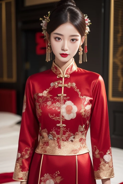 ltra-detailed,highly detailed,best quality,masterpiece,illustration,realistic,photorealistic,
xiuhefu, red theme clothes, 
1girl, solo, 
hanfu, chinese clothes, china dress, long sleeves, floral print, 
black hair, hair ornament, 
jewelry, earrings, bracelet, 
looking at viewer, upper body, 
blurry background, east asian architecture, bedroom, 
 <lora:xiuhefu_v1_02:0.7>