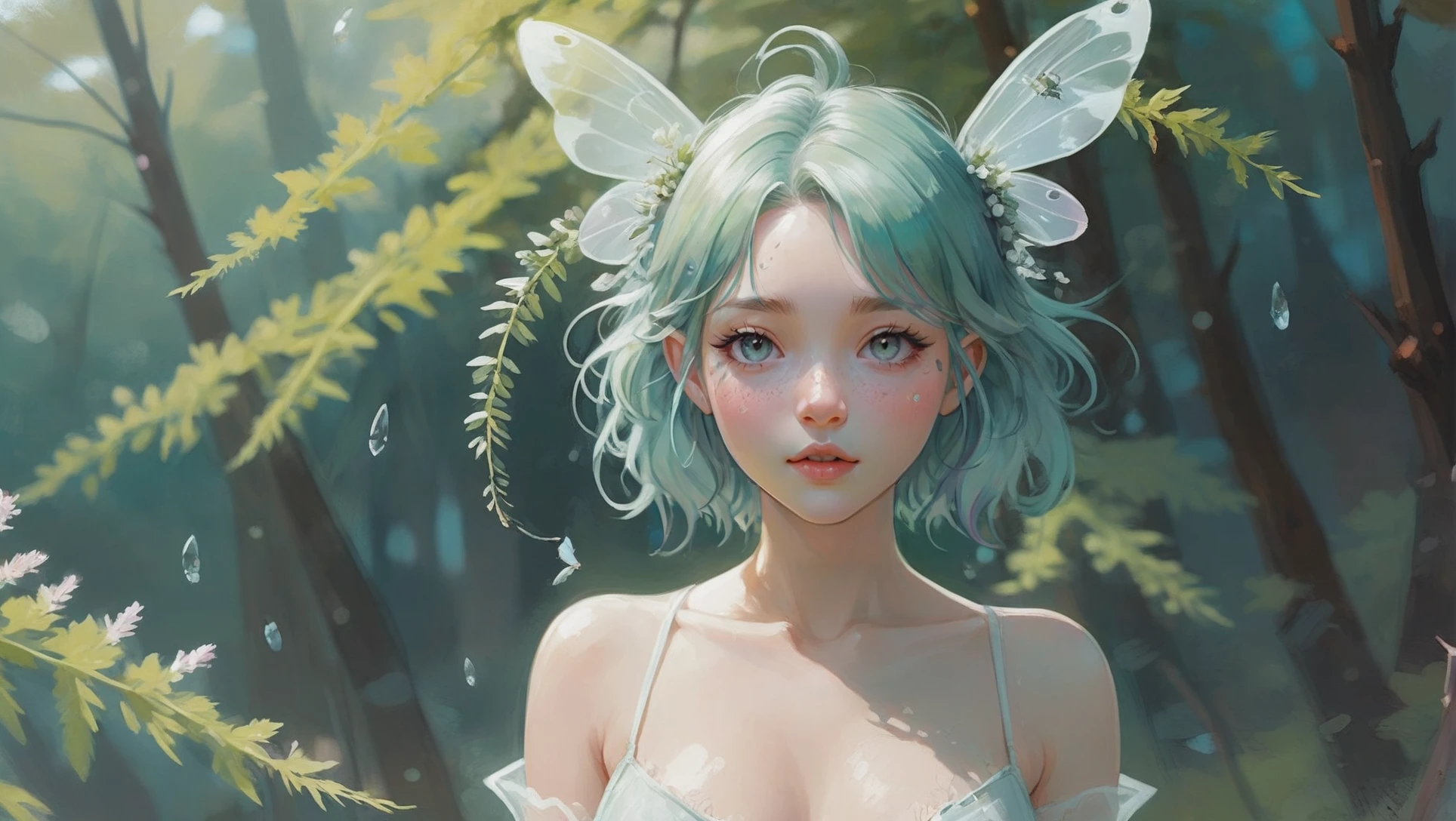 anime style impressionist digital painting, 1girl, woman, seagreen skin, f/1.4 lens, bokeh, tiny Hemlock tree fairy queen,insect wings, see-through gossamer, blush, bombshell hair, azure hair, antenna hair, whitesmoke clothes, thicc athletic build, small breasts, albino, morning, scenery, in a Intertidal Zone<lora:EnvyStarlightMistborn01:0.6>
