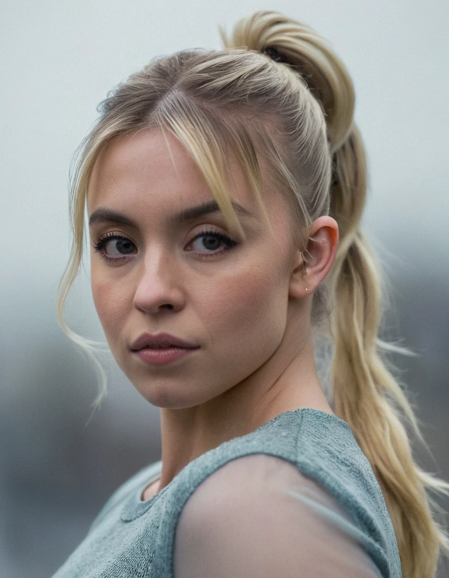 professional photo portrait of sydsw woman,her hair is blonde and styled in a ponytail ,close-up,looking at camera,depth of field,bokeh,fog,dimly lit,gloomy