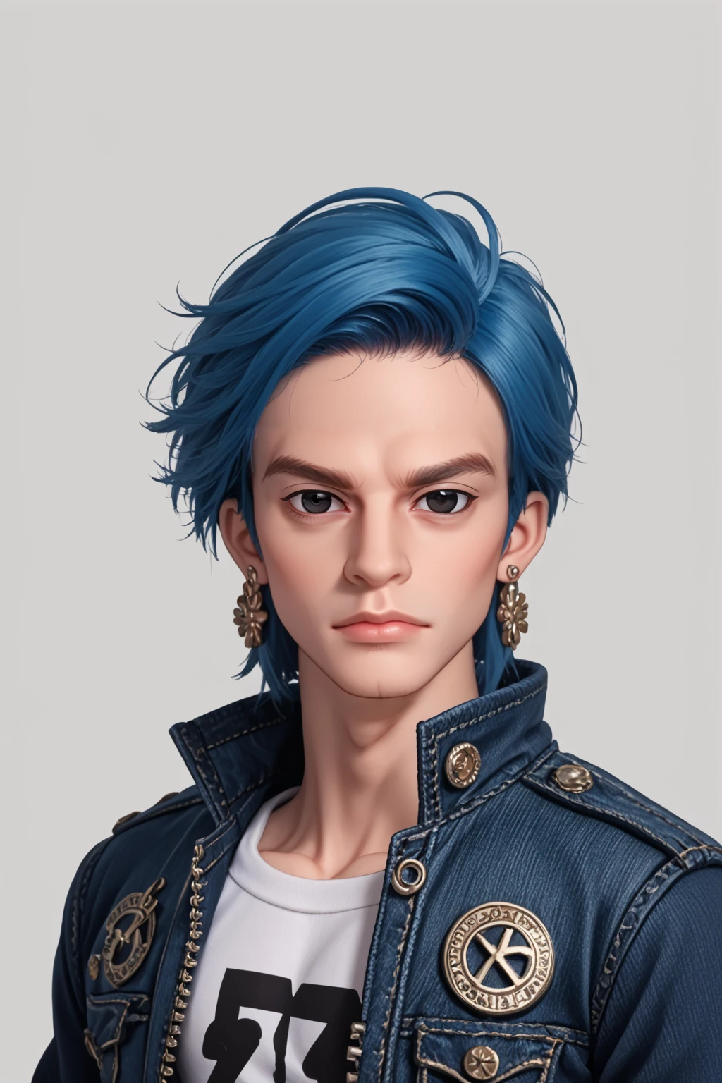 PonyXLV6_Scores, solo, earrings, jewelry, 1boy, male focus, blue hair, looking at viewer, stud earrings, upper body, black eyes, jacket, denim jacket, denim, shirt, grey background, solo, jointed doll, ball joint doll, vinyl texture, bjdzx , 