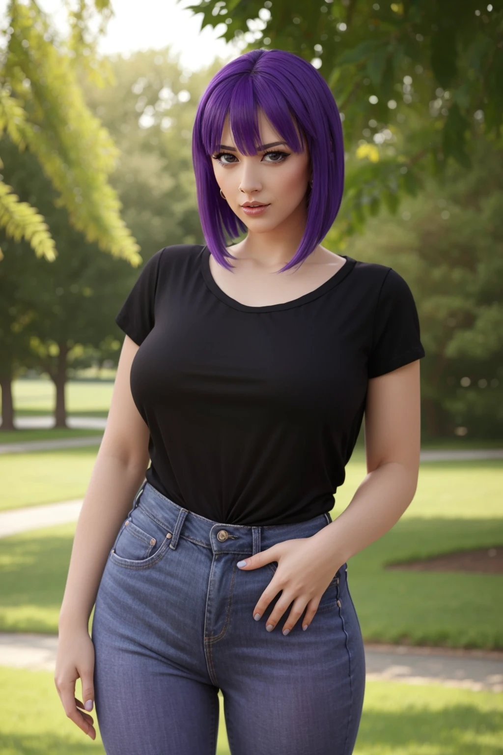 <lora:mondongo_LoRA_LarkinLove:0.9> mndngwmn, bangs, (purple hair):0.3, black shirt, (ultra realistic, 8k,high quality), above the waist photo, wearing a plain t-shirt and jeans, on the park