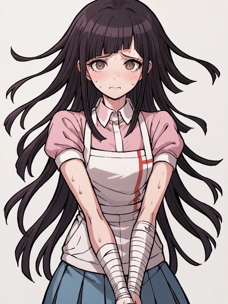 score_9, score_8_up, score_7_up, 1girl, Tsumiki Mikan, long hair, black hair, brown eyes, 
frown, nervous, sweat, looking at viewer, 
bandaged arm, bandaged leg,

pink shirt, puffy short sleeves, apron, pleated skirt, blue skirt, 

v arms, own hands together, 