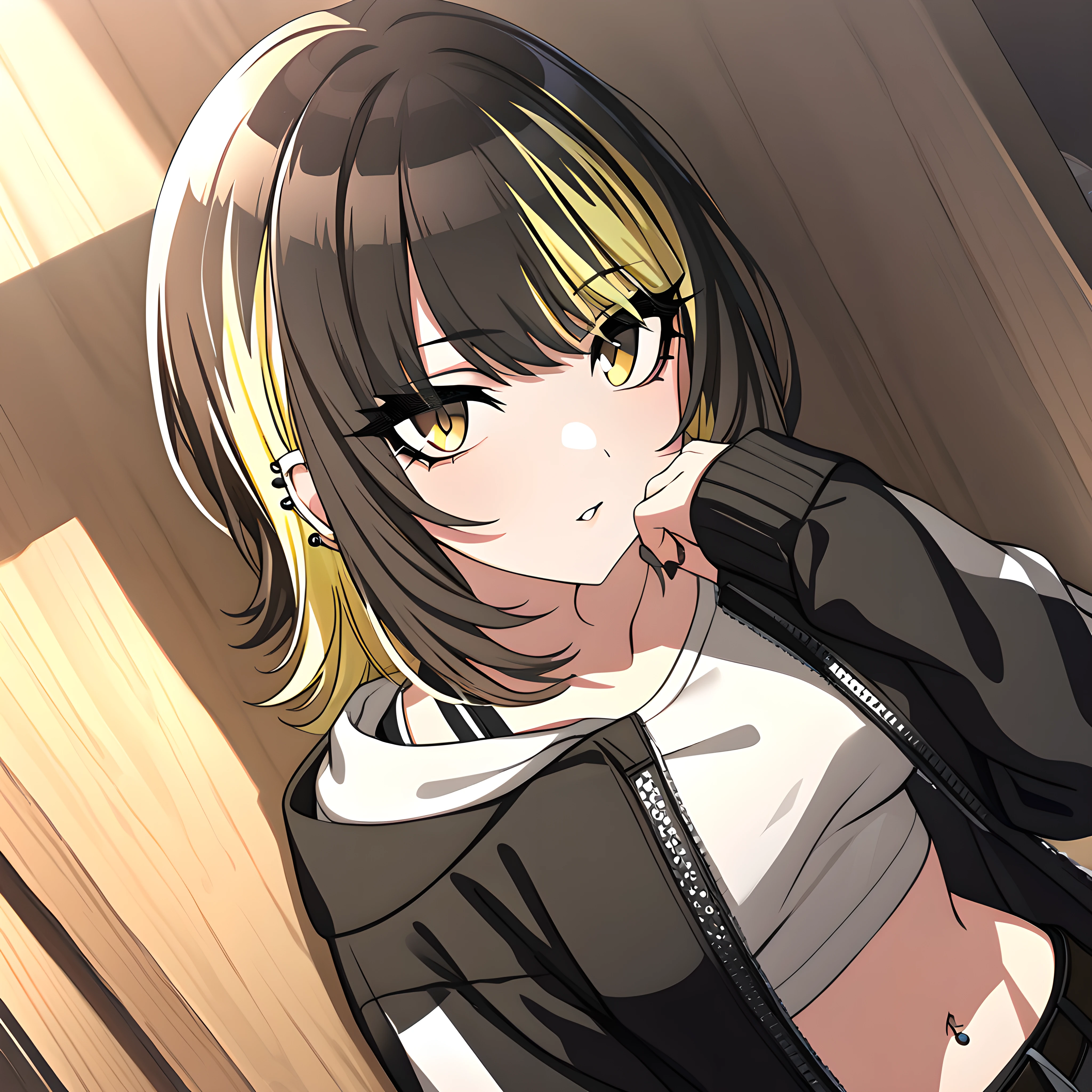 (masterpiece),(best quality),(ultra-detailed),(best illustration),(best shadow),(absurdres),(detailed background),(very aesthetic),luca ikaruga, casualoutfit1, 1girl, solo, blonde hair, piercing, yellow eyes, multicolored hair, looking at viewer, jacket, navel, midriff, head above table,  <lora:Luca_Ikaruga__æé³©ã«ã«_-_The_Idolmster_Shiny_Colors__ã¢ã¤ãã«ãã¹ã¿ã¼_ã·ã£ã¤ãã¼ã«ã©ã¼ãº_SDXL_-_Animagine_XL_3.1:1>