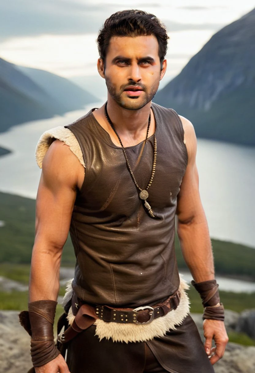 Ultra-detail, (highres:1.1), best quality, (masterpiece:1.3), eric bana a man <lora:tusharr-khanna_Eric-Bana:1>, a Viking warrior prince wearing fur and leather armor rags rising above a battlefield, scales, handsome 23yo Norway male model, dynamic posture posing, full-body from above, dramatic angle. hairy body, skinny muscled, perfect biceps, great pecs, thin waist, perfect jawline, strong and powerful, sporty, great detail, satisfaction,