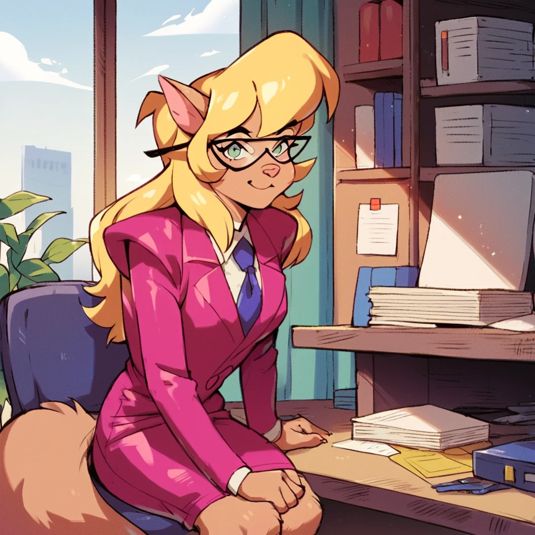 score_9, score_8_up, score_7_up, score_6_up, score_5_up, score_4_up, (Source furry), (rating safe), <lora:CallieBriggsXL:1>, 1girl solo, indoors, office, desk, sitting, looking at viewer, glasses, callie briggs, pink suit, detailed, detailed fur,