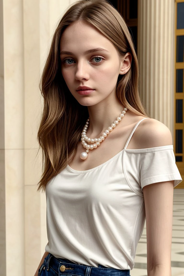 <lora:kawaii7.1.3_obj20:0.75:0.25>, European woman, closeup, (shirt), pants, (us capitol), pearl necklace , ZM_maria, wide shoulders, perfect face, (contact iris: 1.1), pale skin, skin pores , depth of field