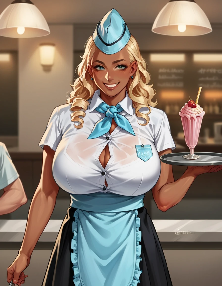 score_9, score_8_up, score_7_up, score_6_up, score_5_up, score_4_up, source_anime, best quality, (solo:1.3),diner, 1boy, dark skin, 1girl, long curly blonde hair, huge breasts, hud_wttress, collared shirt, skirt, neckerchief, garrison cap, apron, <lora:hud_wtrss:0.7>, tray, smile, milkshake