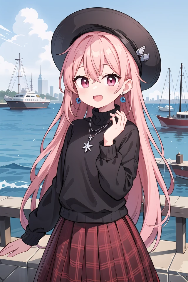 insanely detailed, absurdres, ultra-highres, ultra-detailed, best quality,
1girl, solo, nice hands, perfect hands
BREAK
(nsfw:-1.5),
(black theme:1.4), (fit body:1.3), (tight long sleeve and turtleneck (black sweater):1.4), (black heeled boots with lace-up:1.1),
BREAK
(black and red theme:1.3), ((red) high-waisted ((maxi length skirt, very long A line skirt):1.2) with [plaid pattern]:1.4), ((black) bucket hat with wide brim:1.4),
BREAK
((earrings, necklace):1.2),
(naked skin:-1), (mini skirt:-1), (legs:-1), (straw hat:-1), (red hat:-1), (green hat:-1), (white sweater:-1), (slit:-1), (belt:-1), (multiple necklaces:-1), (navel:-1), (waist:-1), (cleavage:-1.5)
BREAK
happy smile, laugh, open mouth,
,
cute pose, cowboy shot, looking at viewer
BREAK
slender, kawaii, perfect symmetrical face, ultra cute girl, ultra cute face, ultra detailed eyes, ultra detailed hair, ultra cute, ultra beautiful
BREAK
(bay, sea, harbor, bay side:1.4), (cityscape in tokyo:1.3), buildings, day, blue sky, panorama view, outdoor, (indoors:-1.3), (day:1.3), (evening:-1.5), (night:-1.5), depth of field, ultra detailed background, (very wide, panorama view, sense of depth, magnificent view:1.3)
BREAK
medium breasts
BREAK
pink hair, pink eyes, crochet braids, hair between eyes