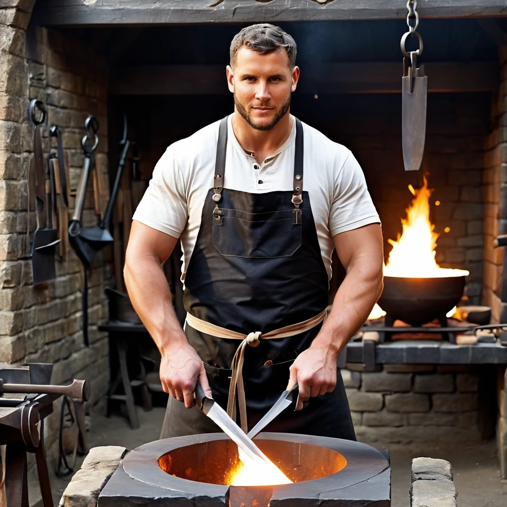 photo of a man, 4l4ss0, high-resolution, as Blacksmith male , smithing apron, inside forge background, crafting, fiery forge, sturdy build, looking at viewer,  <lora:Nick_Bosa_SDXL_Amalga_r2:.9>