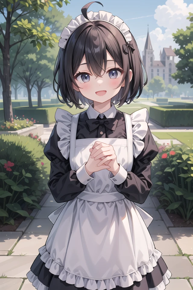 insanely detailed, absurdres, ultra-highres, ultra-detailed, best quality,
1girl, solo, nice hands, perfect hands
BREAK
(cleavage:-1.5),
(traditional maid:1.2),
apron, blush, bow, bowtie, frilled apron, frills, long sleeves, maid, maid apron, maid headdress, waist apron, white apron,
(maid costume, maid hair dress:1.3), long skirt
BREAK
happy smile, laugh, open mouth
BREAK
standing, cowboy shot, looking at viewer
BREAK
slender, kawaii, perfect symmetrical face, ultra cute girl, ultra cute face, ultra detailed eyes, ultra detailed hair, ultra cute, ultra beautiful
BREAK
fantasy world, garden of a castle, depth of field, ultra detailed background
BREAK
medium breasts
BREAK
black brown hair, black eyes, short bob cut, hair between eyes, ahoge