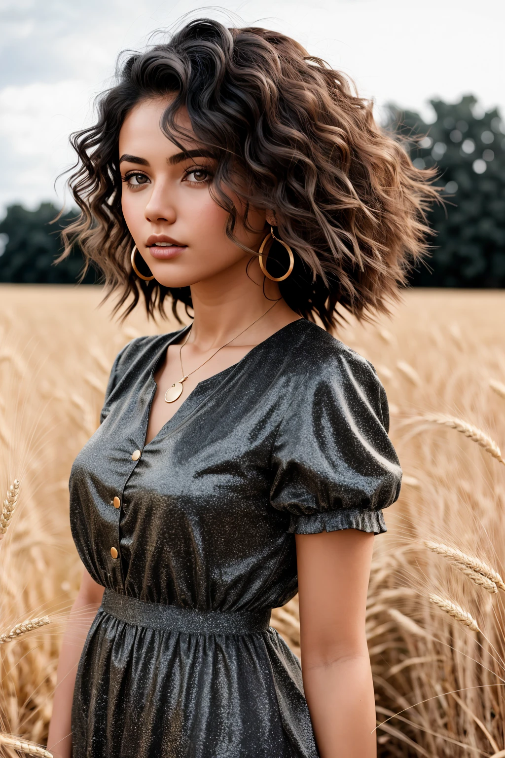 texture cinematic photo young woman in Very Gray chmdrss, full body view, Black big hair, Golden Fields of Wheat in Harvest <lora:Charming dress v1.07:1> . 35mm photograph, film, bokeh, professional, 4k, highly detailed top down close-up