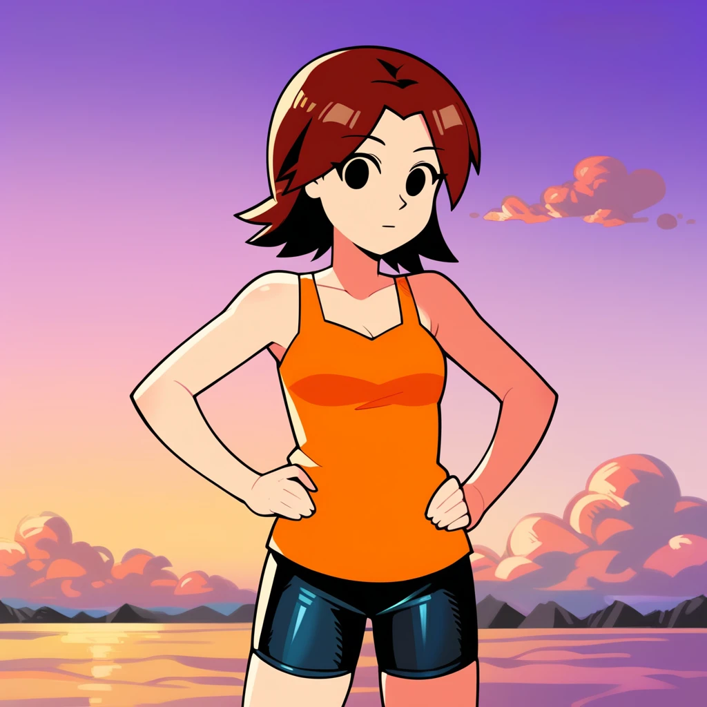 score_9, score_8_up, score_7_up, score_6_up, best quality, masterpiece, source_anime, detailed background, evening, pink background, clouds, \cel shading, \flat colors, \vector, BREAK 1girl, mii_gunner_(\smash_bros_4\), large head, amber hair, female, black eyes, dot eyes, orange tank top, bike shorts, hands on hips, looking at viewer, cowboy shot, side view, <lora:PDXL_MiiGunner_S4:1>